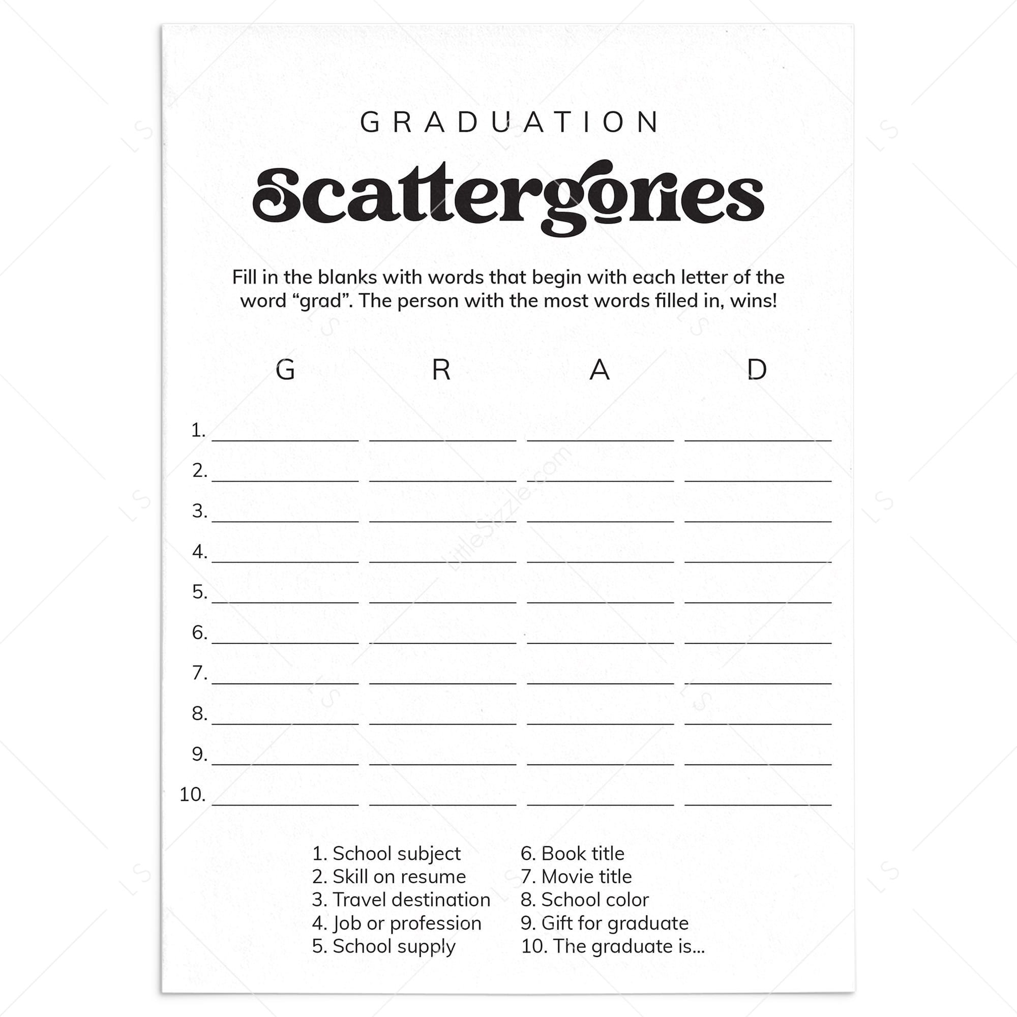 Graduation Scattergories Categories Printable Game by LittleSizzle