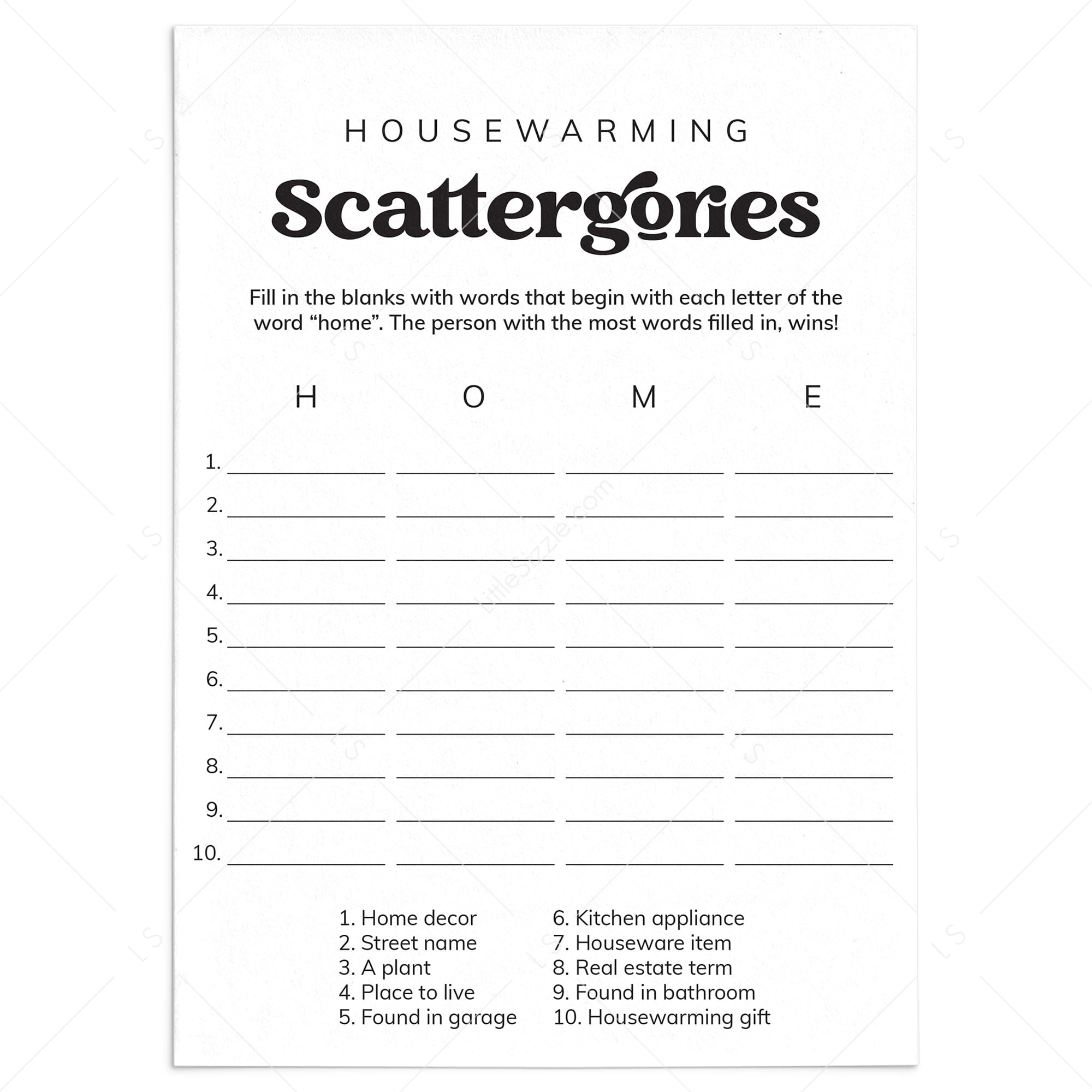 Housewarming Scattergories Game for a New Home or Move in Party by LittleSizzle