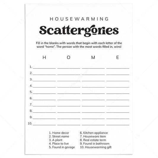 Housewarming Scattergories Game for a New Home or Move in Party by LittleSizzle