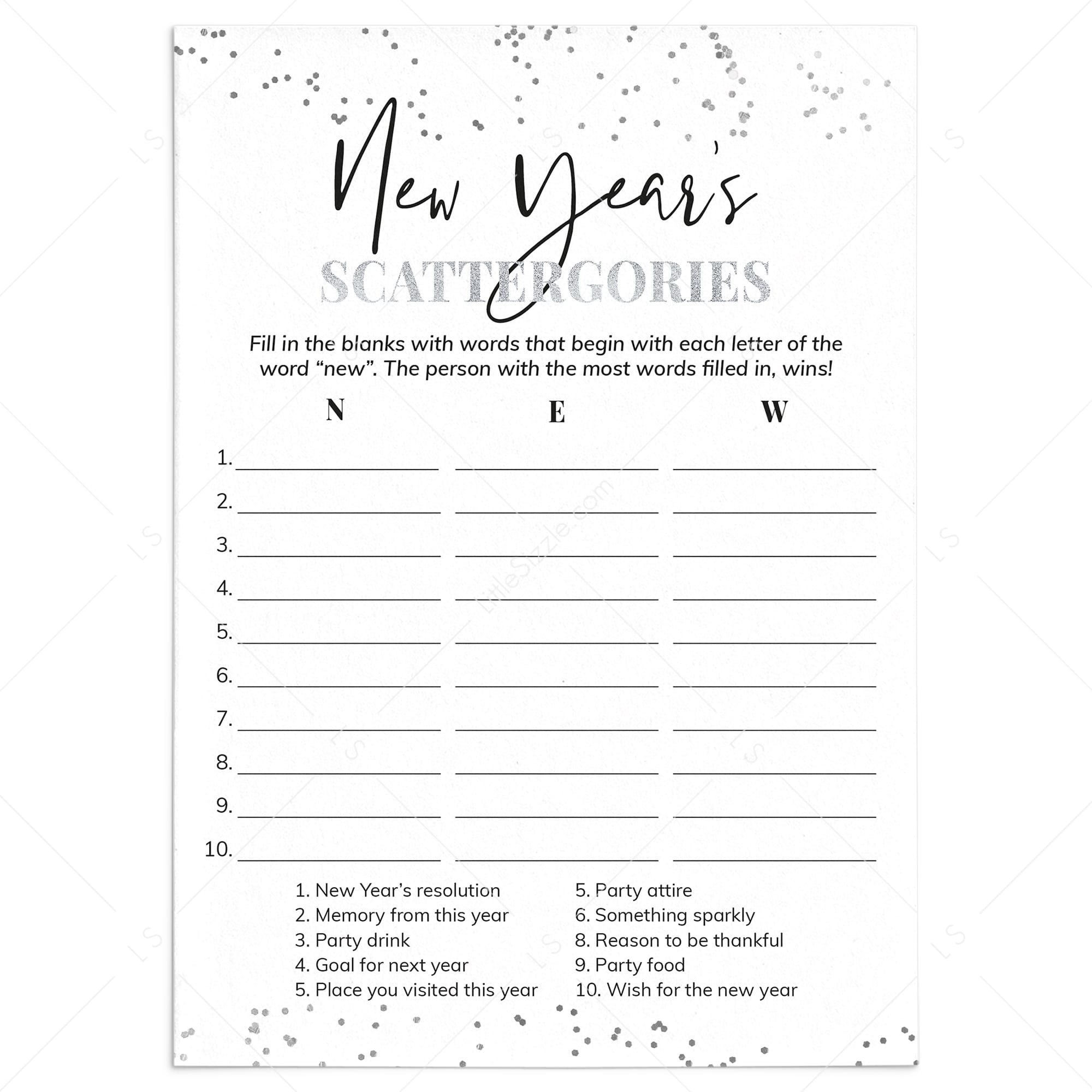 Silver New Year Game Scattergories Printable by LittleSizzle