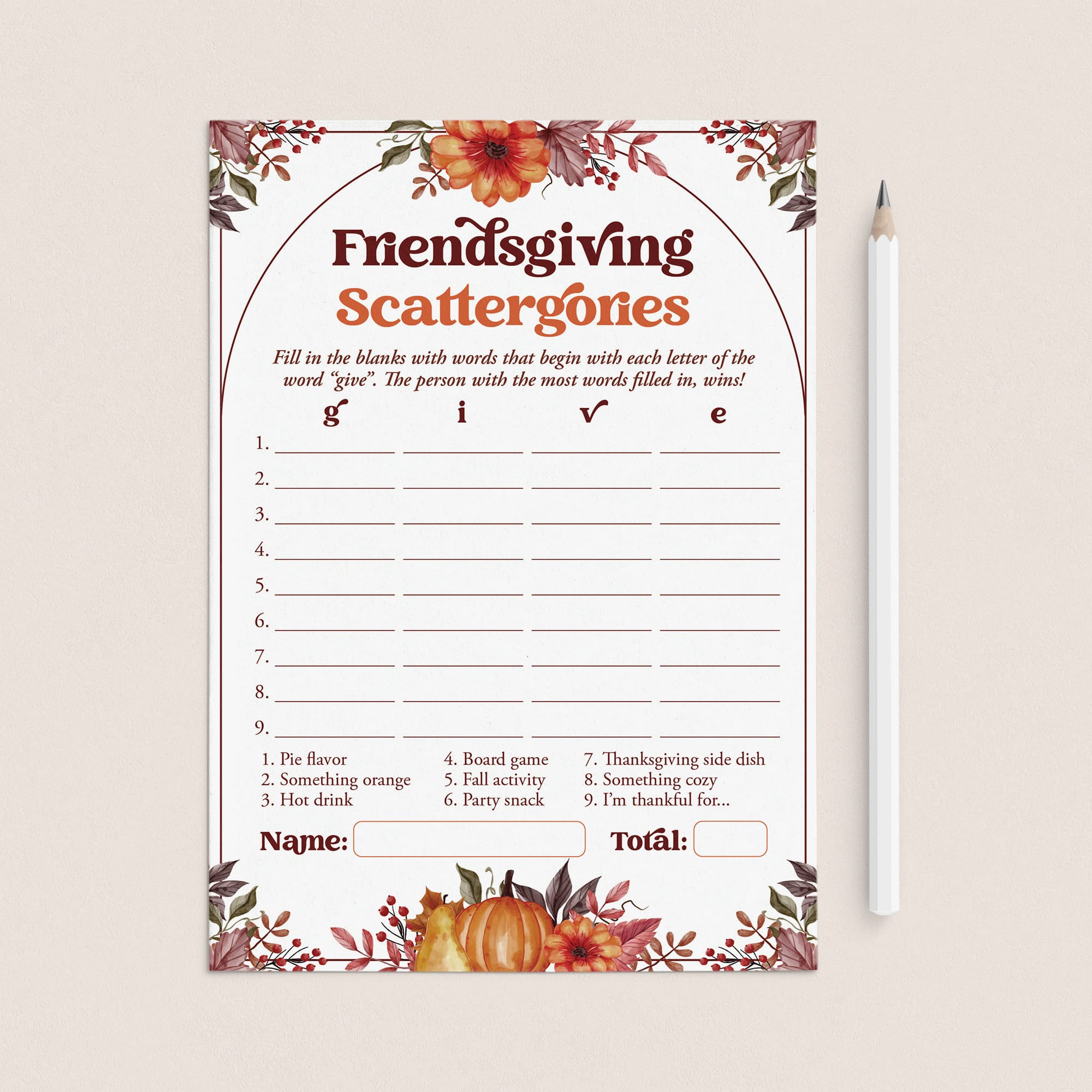 Printable Friendsgiving Scattergories Game by LittleSizzle