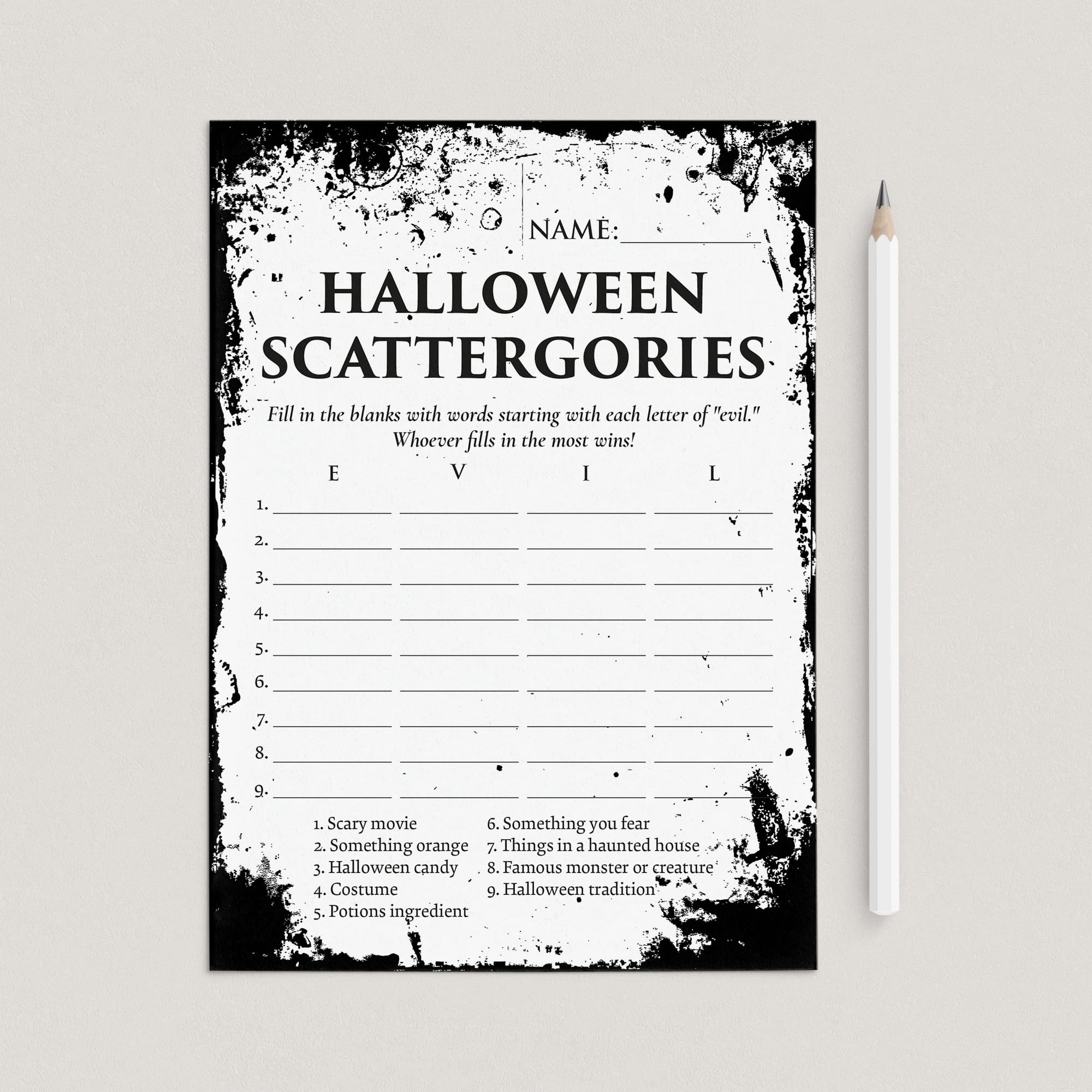 Scattergories Halloween Party Game Printable | Eerie Grunge by LittleSizzle