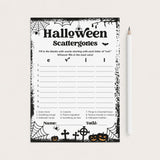A Halloween-themed printable game card titled 'Halloween Scattergones' with black spiderwebs, bats, pumpkins, crosses, and spooky border graphics on a white sheet, shown next to a white pencil on a light beige background.
