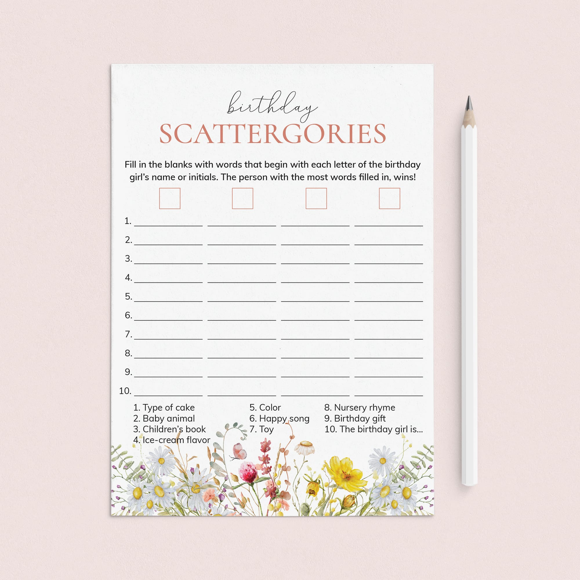 Wildflower 1st Birthday Game for Girl Scattergories by LittleSizzle