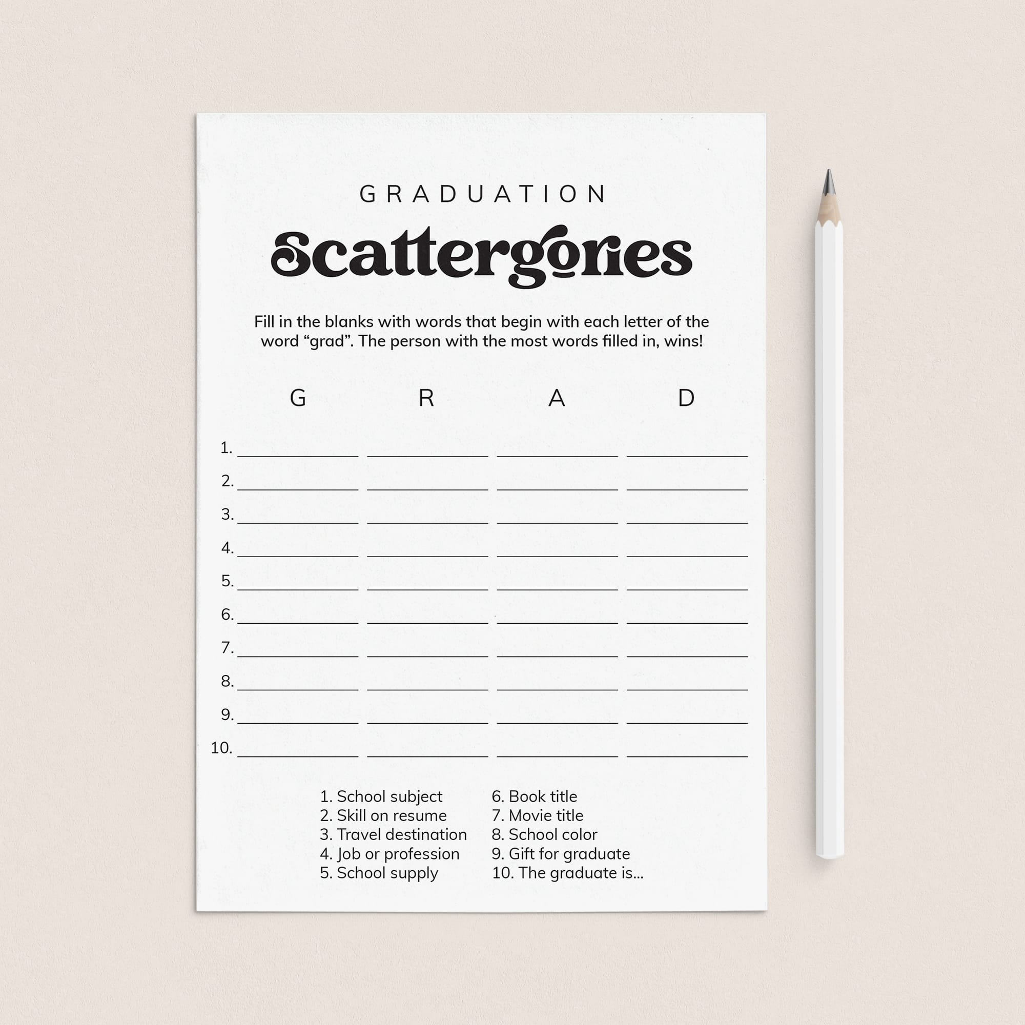 Graduation Scattergories Categories Printable Game by LittleSizzle