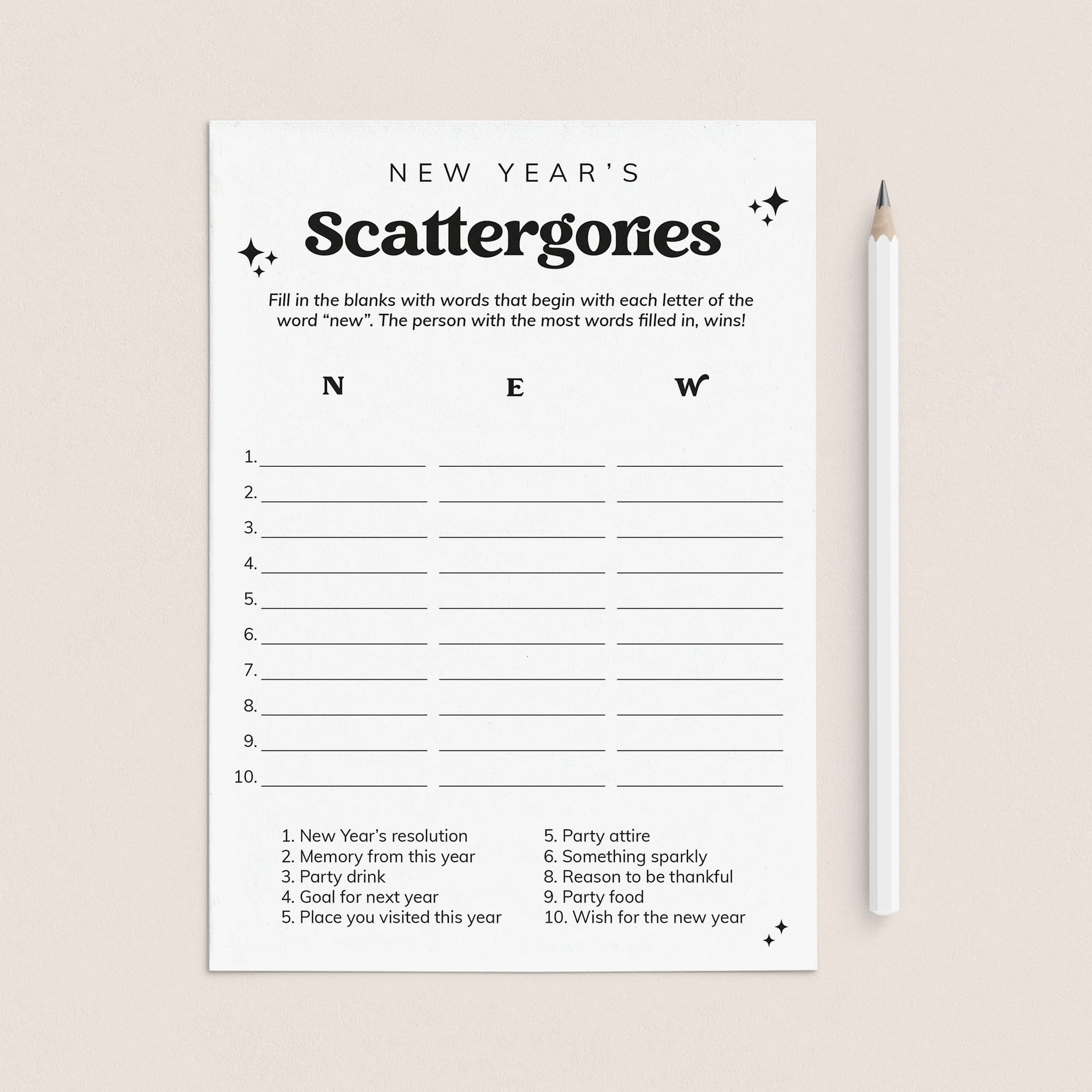 Black & White New Year's Game Scattergories Printable by LittleSizzle