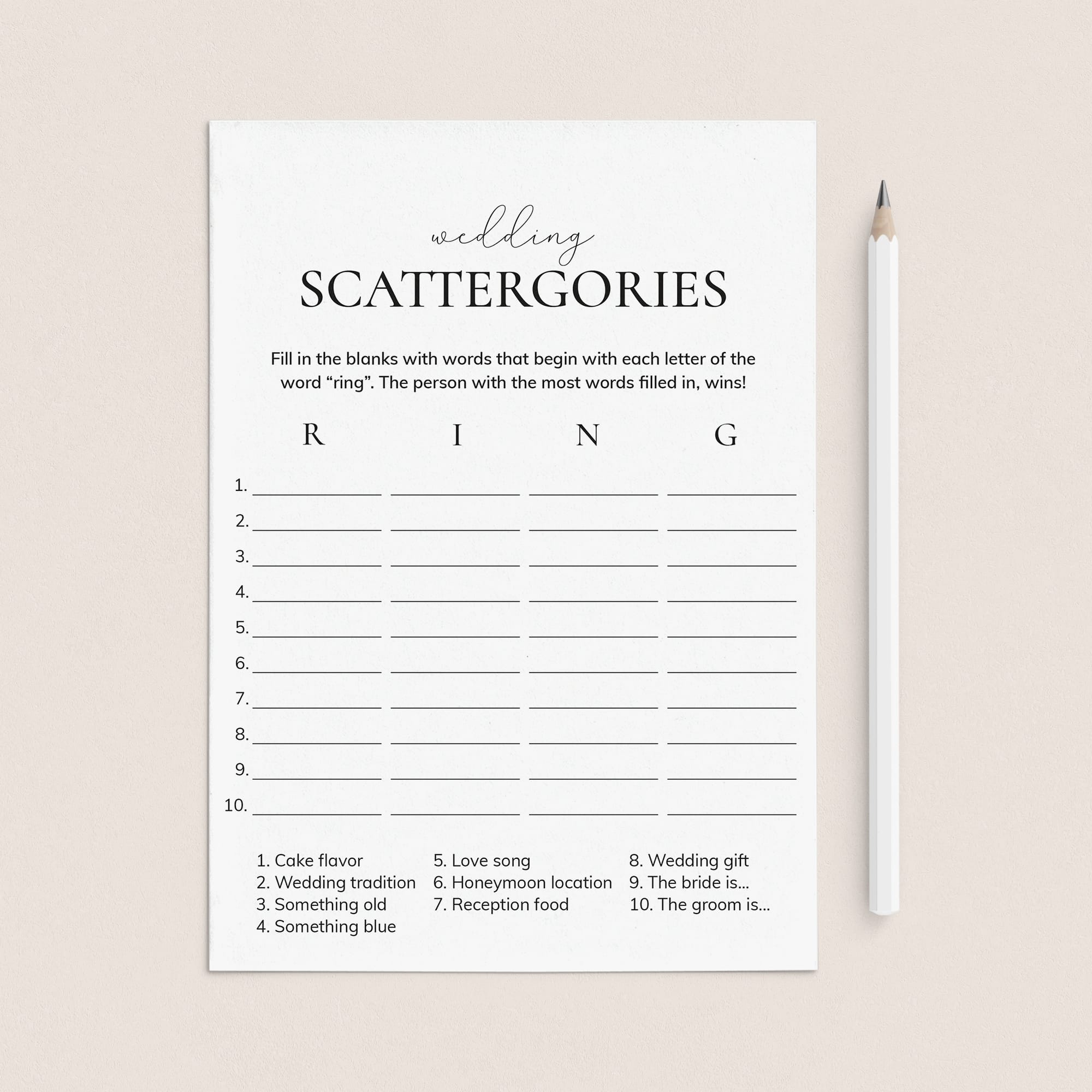 Wedding Scattergories Game Printable by LittleSizzle