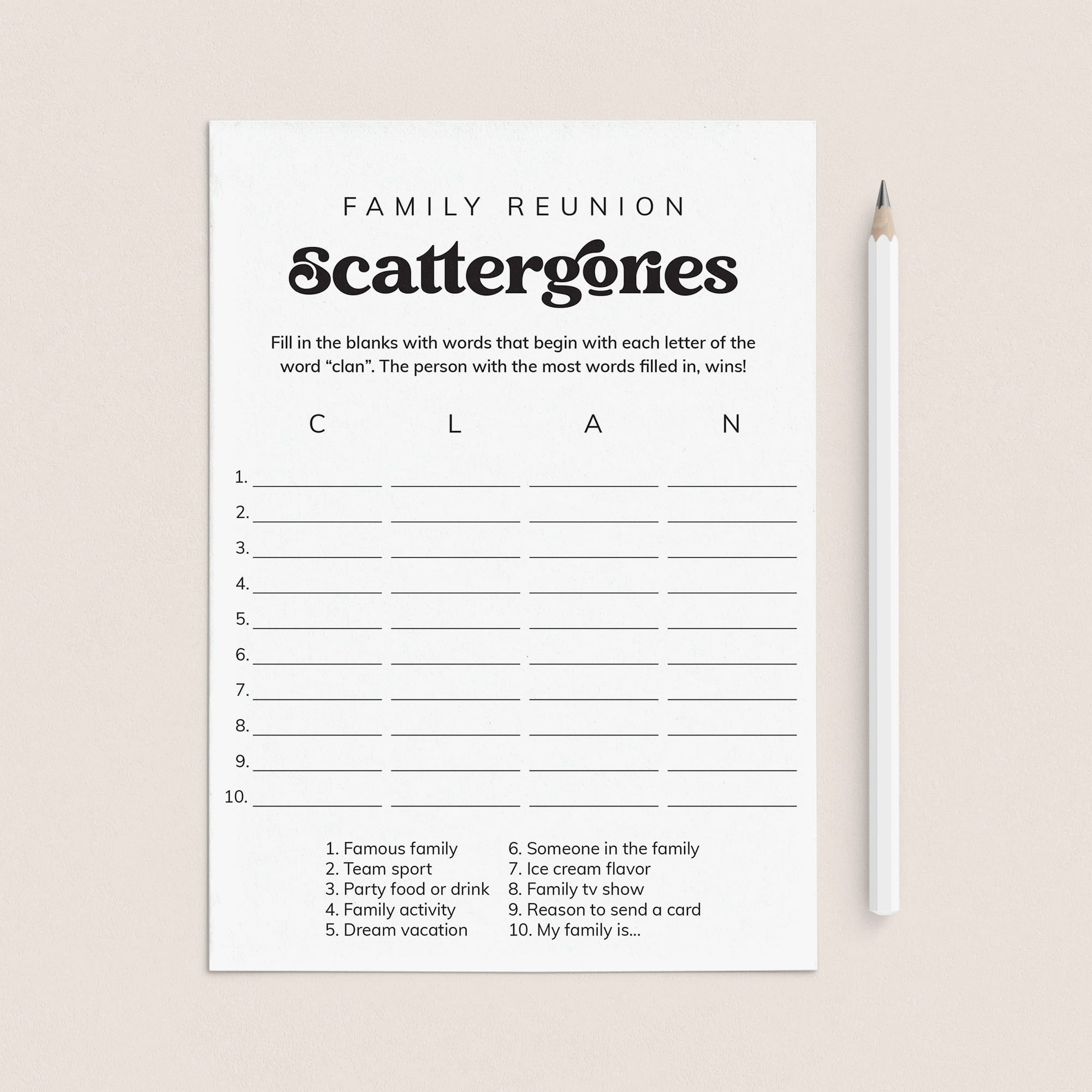 Family Reunion Scattergories Game Sheet Digital Download by LittleSizzle