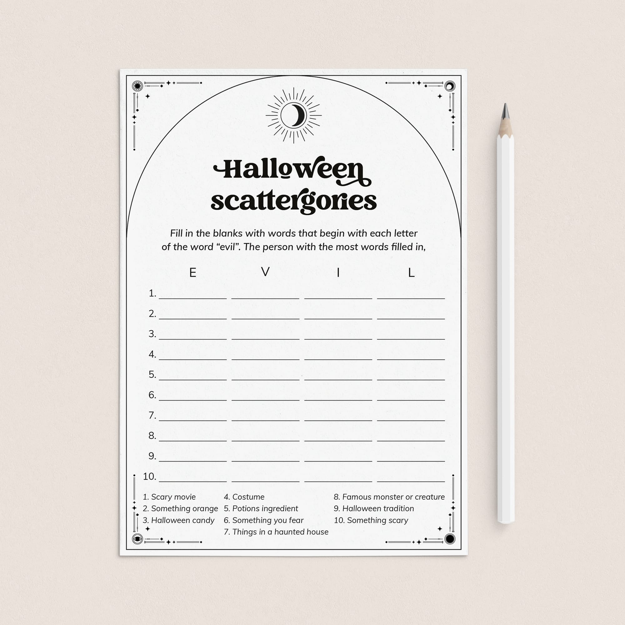 Halloween Scattergories Categories Game Printable by LittleSizzle