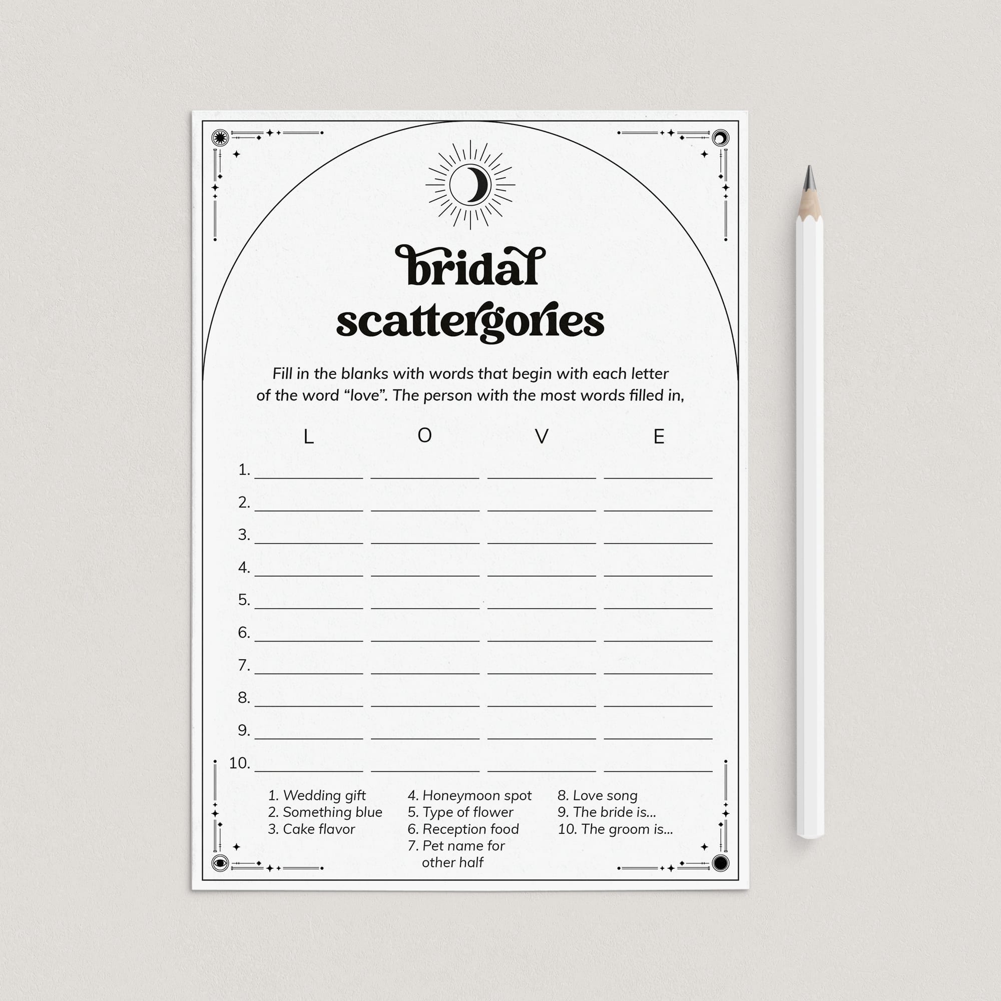 The Coven Theme Bridal Scattergories Game Download by LittleSizzle