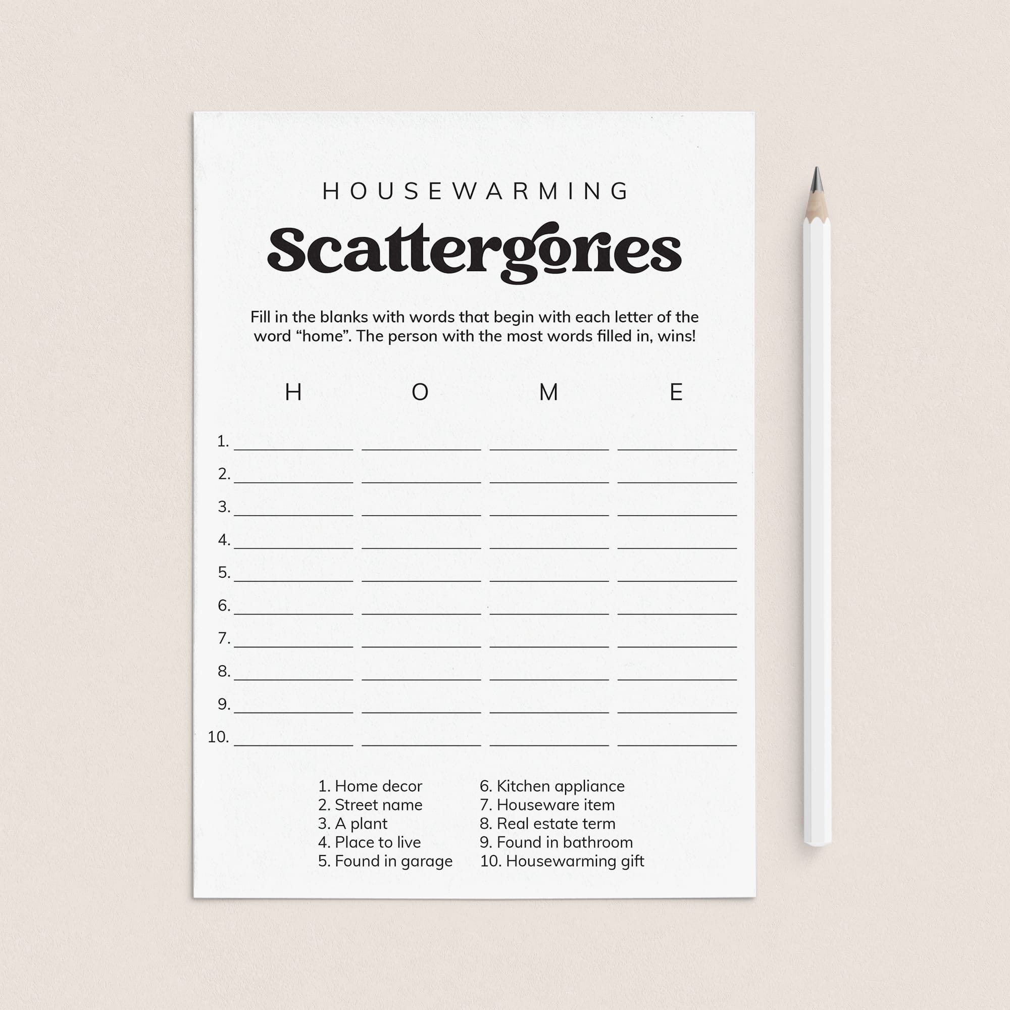 Housewarming Scattergories Game for a New Home or Move in Party by LittleSizzle