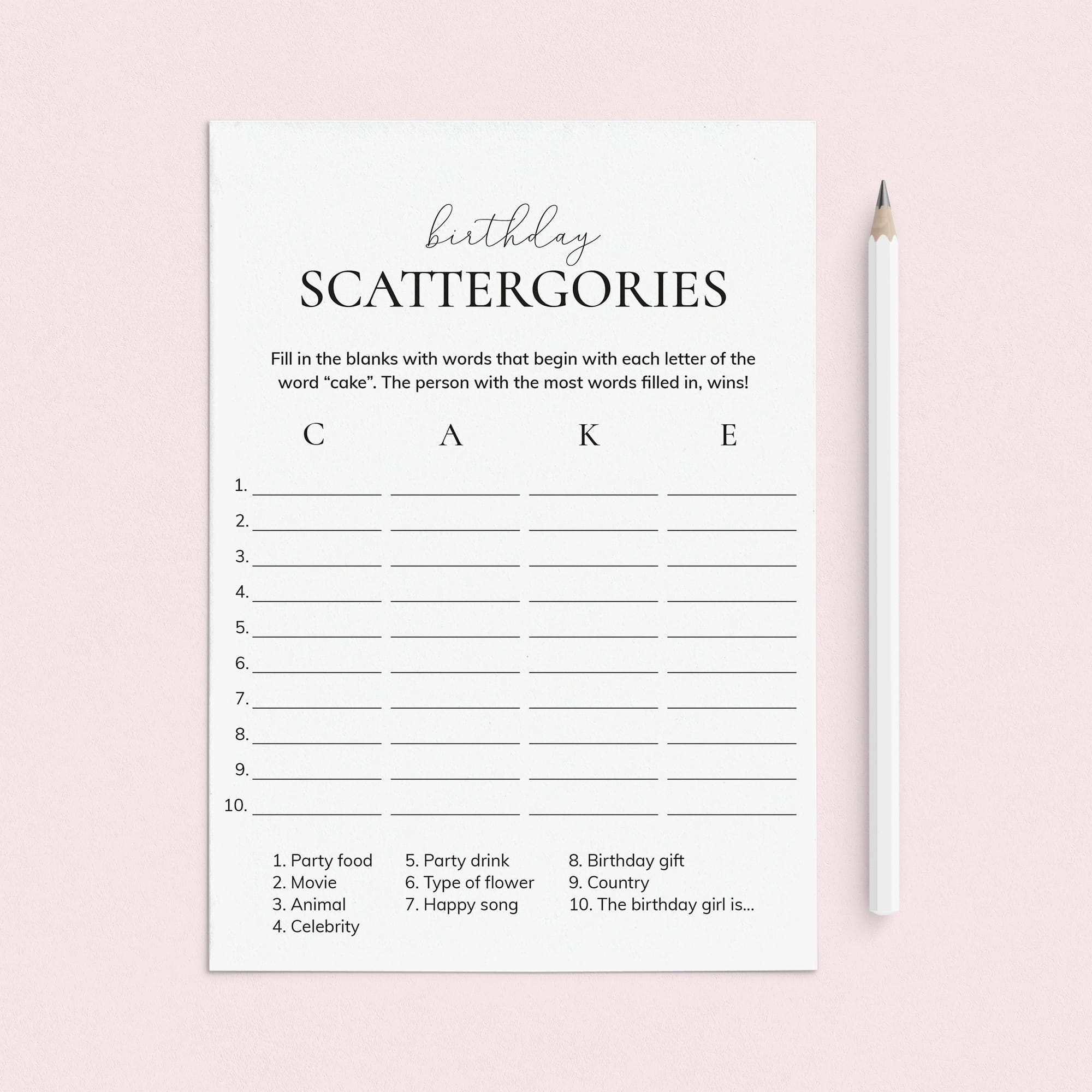 Birthday Scattergories Categories Printable Game for Her by LittleSizzle