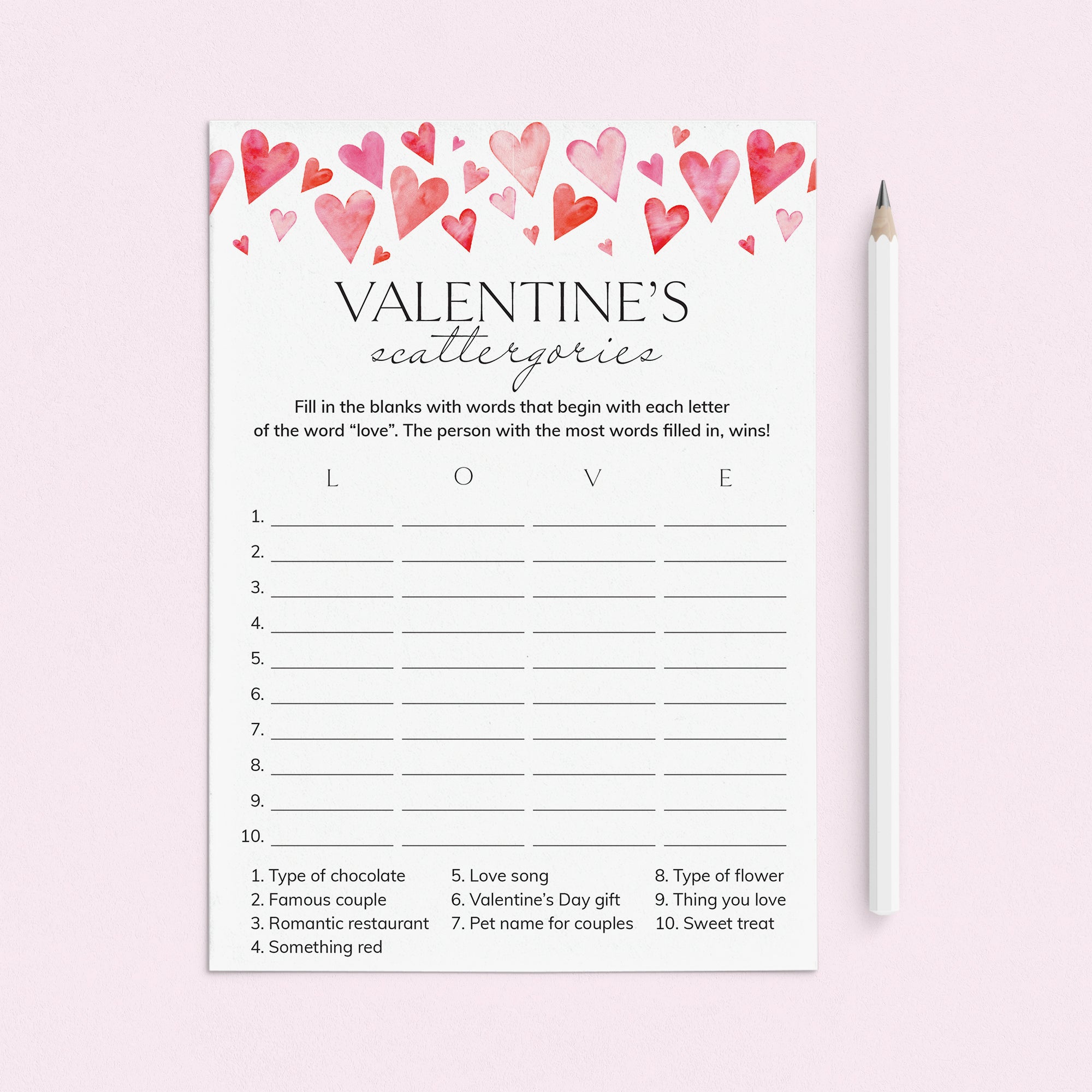 Valentine's Day Scattergories Office Game Printable by LittleSizzle