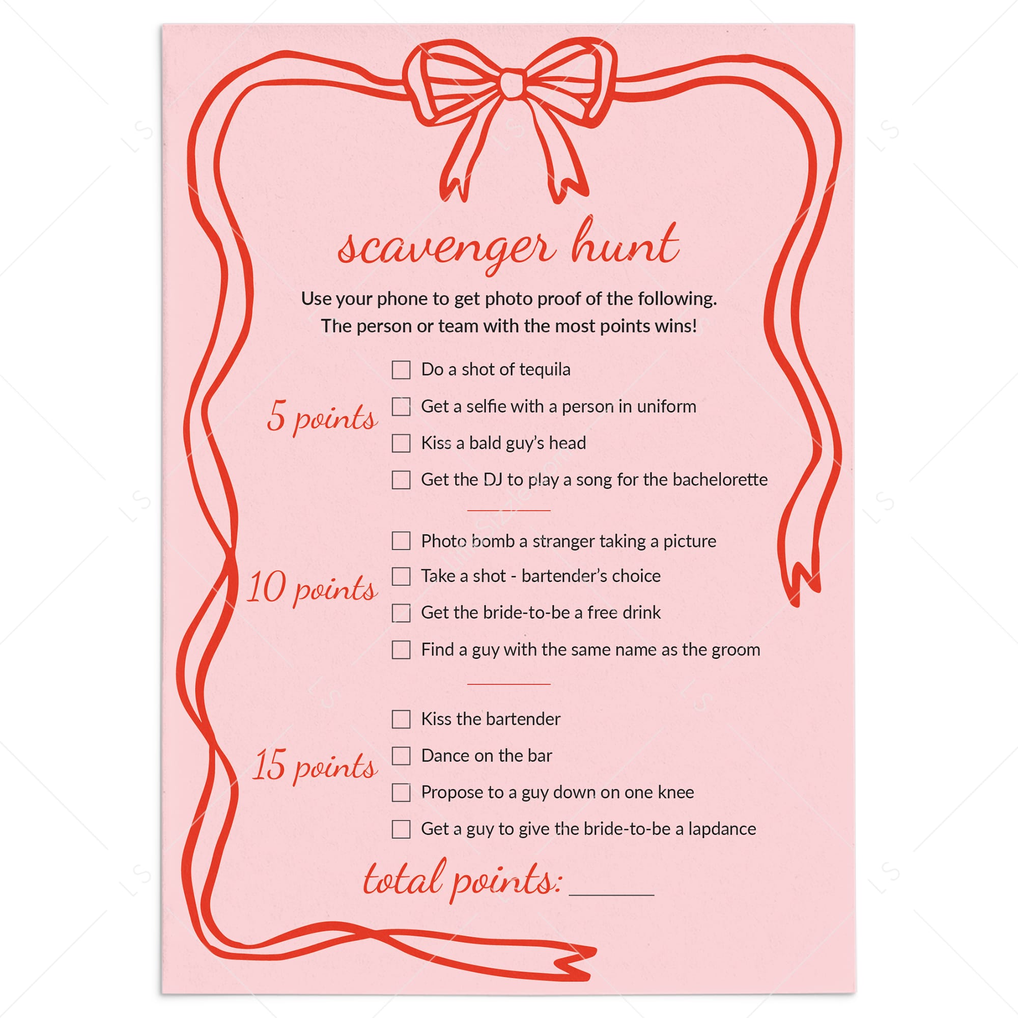 Bachelorette Scavenger Hunt Game Printable Pink Bow Wavy Border by LittleSizzle
