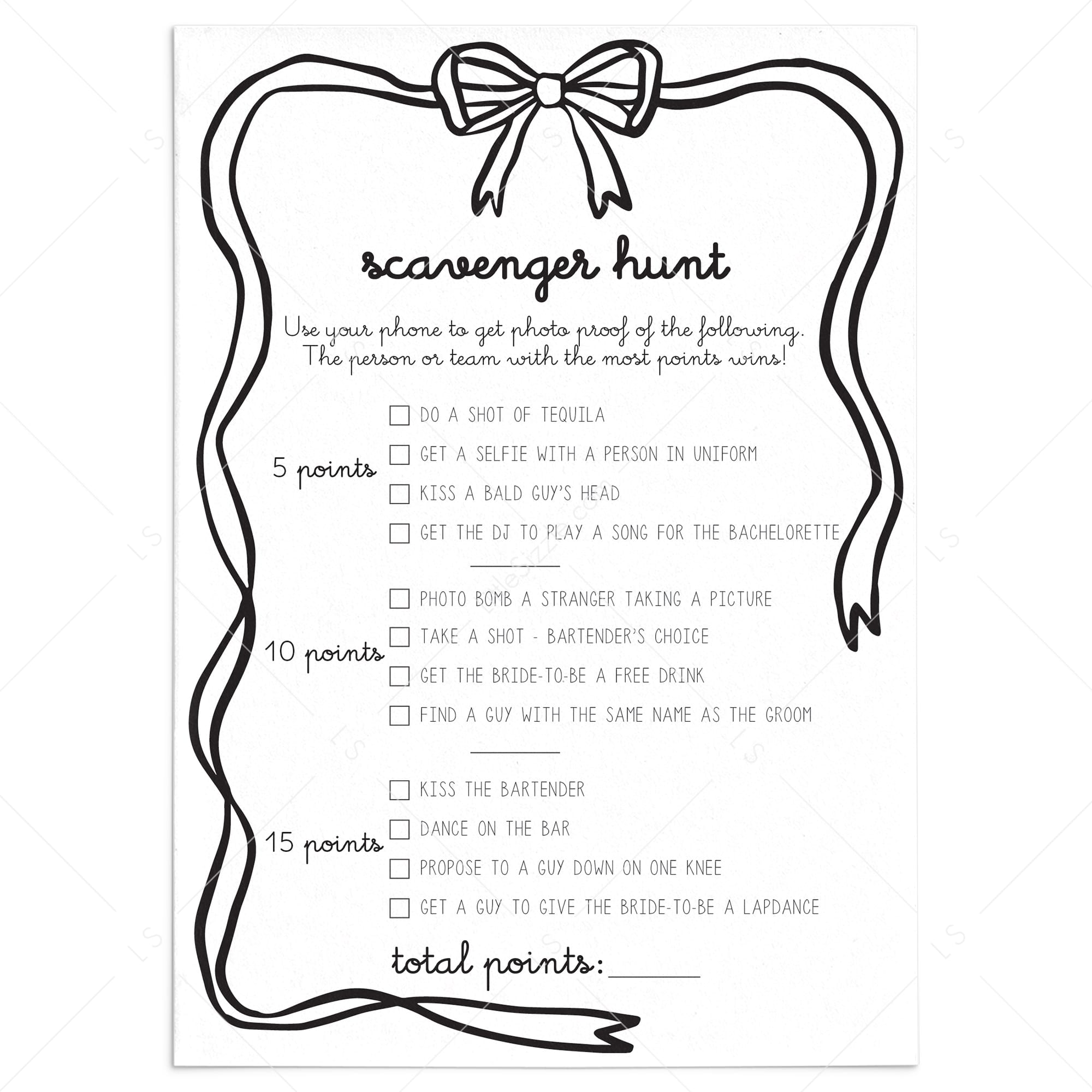 Bachelorette Party Scavenger Hunt Printable Game by LittleSizzle