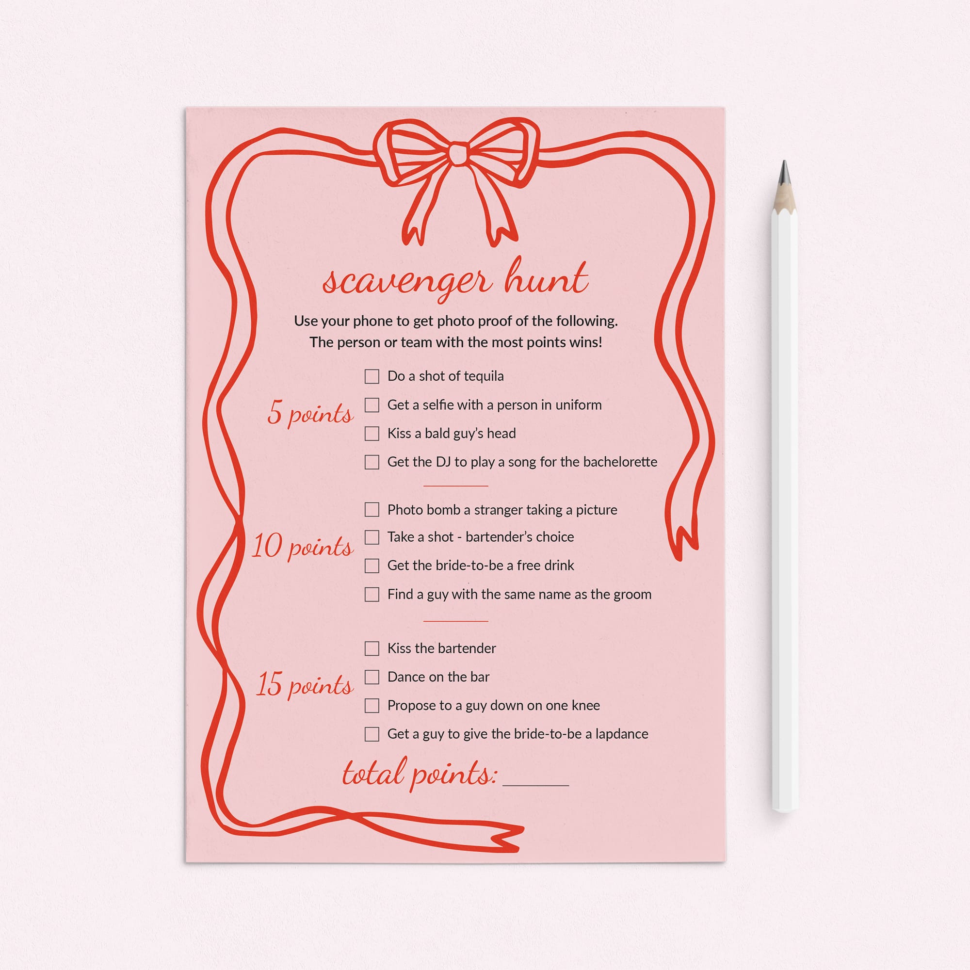 Bachelorette Scavenger Hunt Game Printable Pink Bow Wavy Border by LittleSizzle