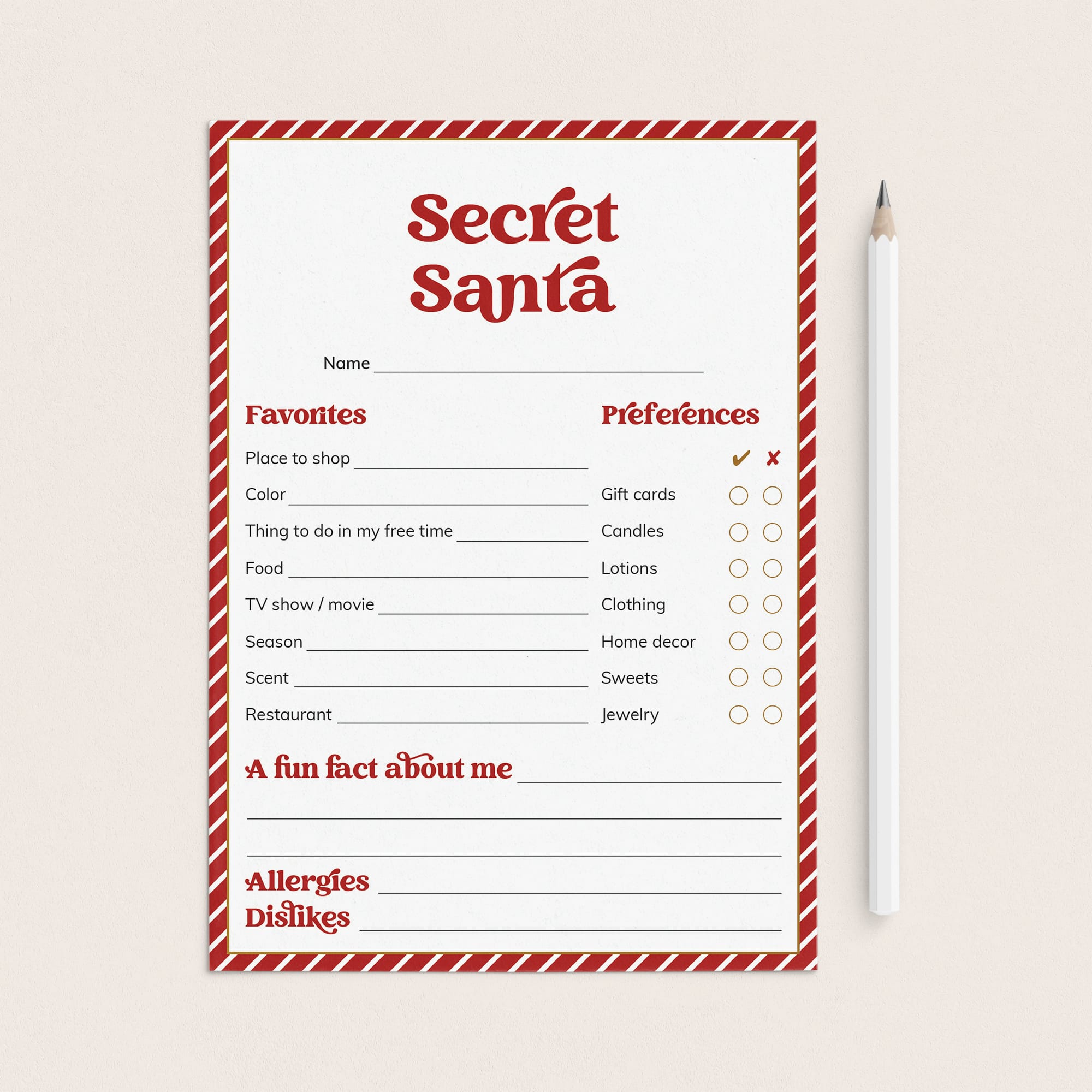 Printable Secret Santa Sheet Red Stripe by LittleSizzle