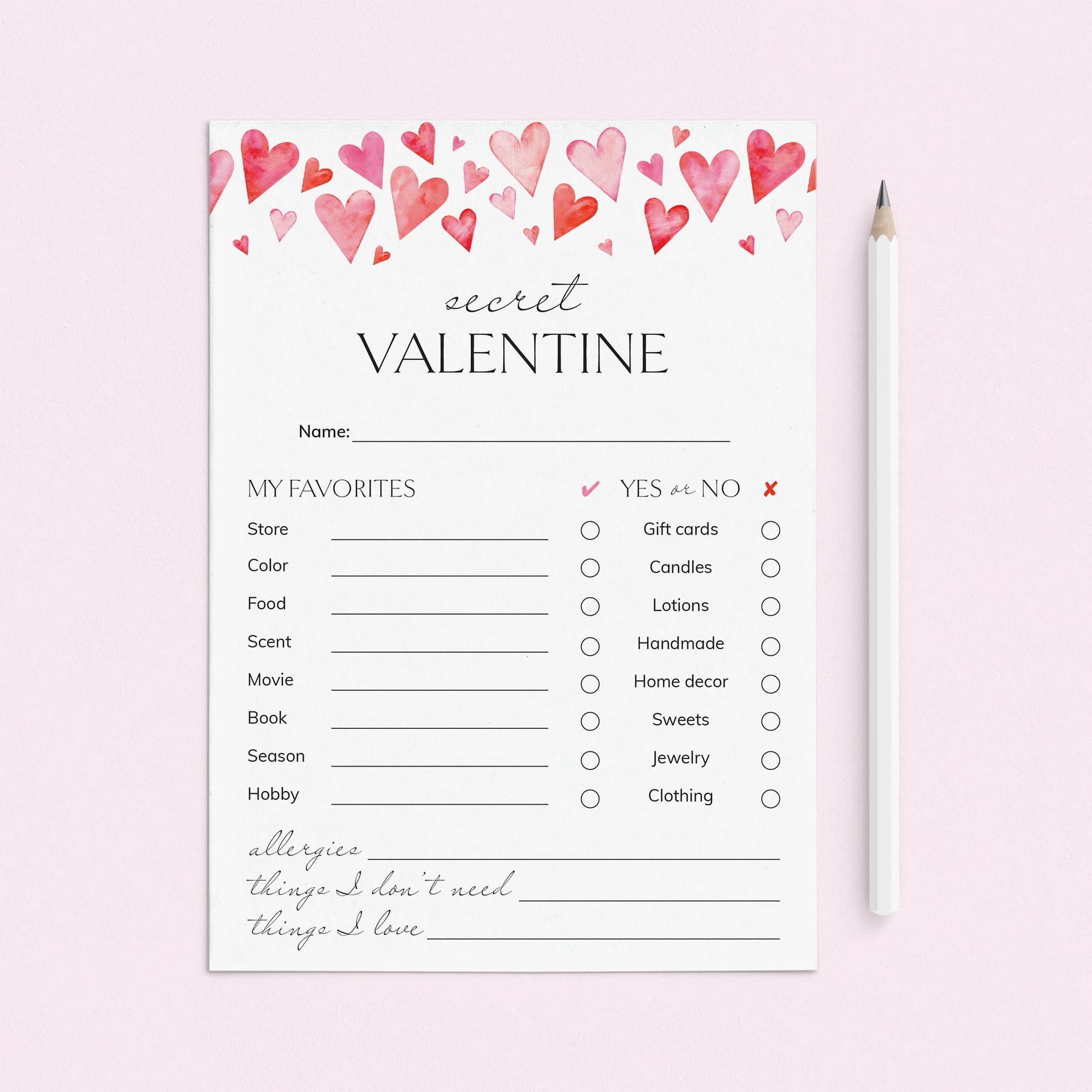 Simple Secret Valentine Form Printable by LittleSizzle