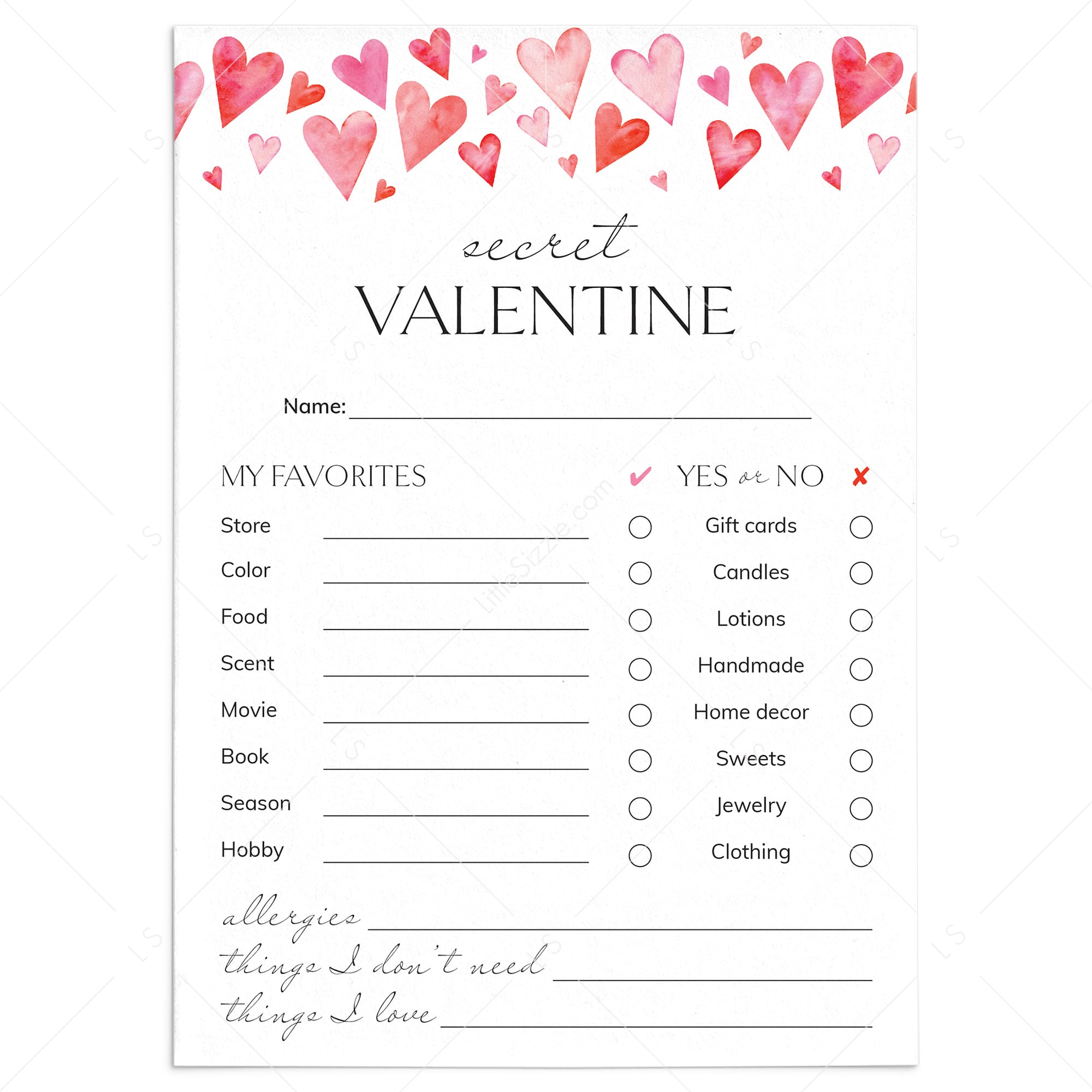 Simple Secret Valentine Form Printable by LittleSizzle