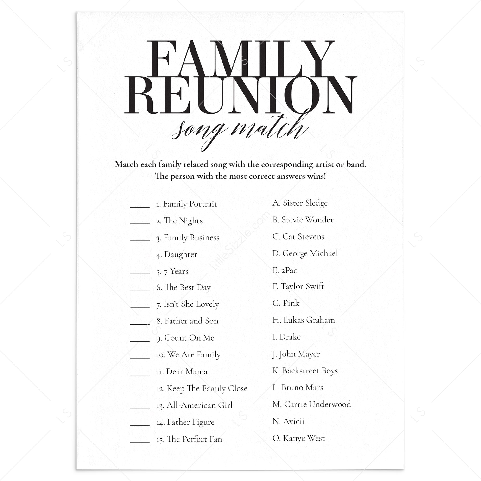 Family Reunion Song Match With Answer Key Printable by LittleSizzle