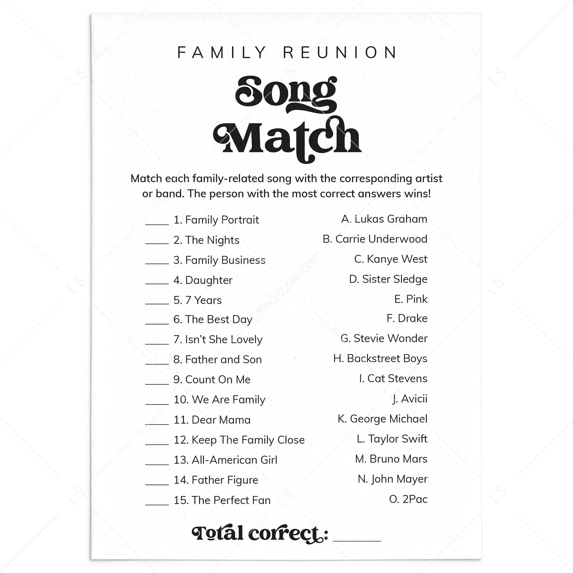 Printable Song Match Game for Family Reunion by LittleSizzle