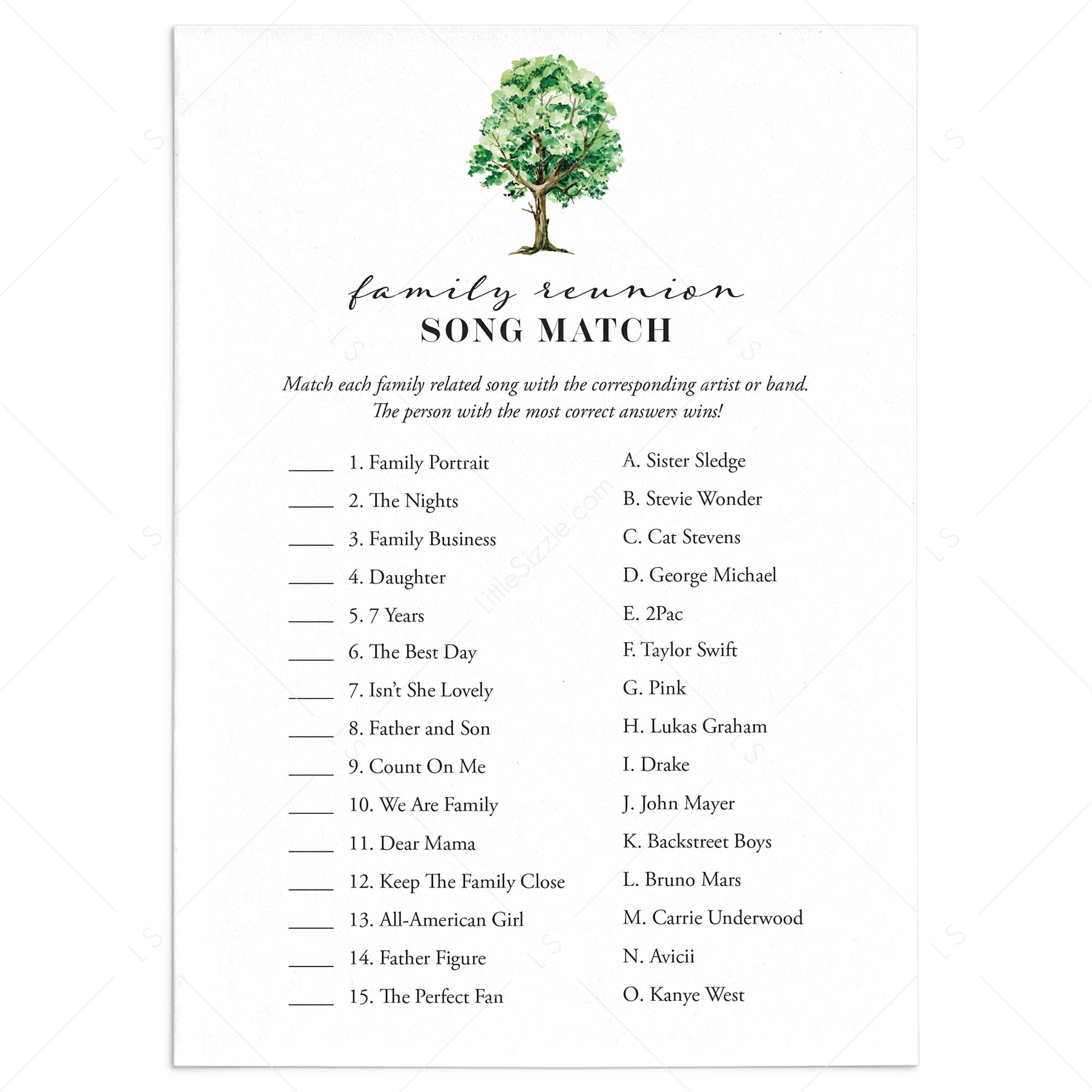 Fun Family Reunion Music Match Up Game with Answer Key Printable by LittleSizzle