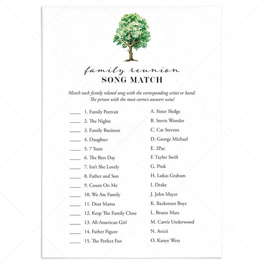 Fun Family Reunion Music Match Up Game with Answer Key Printable by LittleSizzle