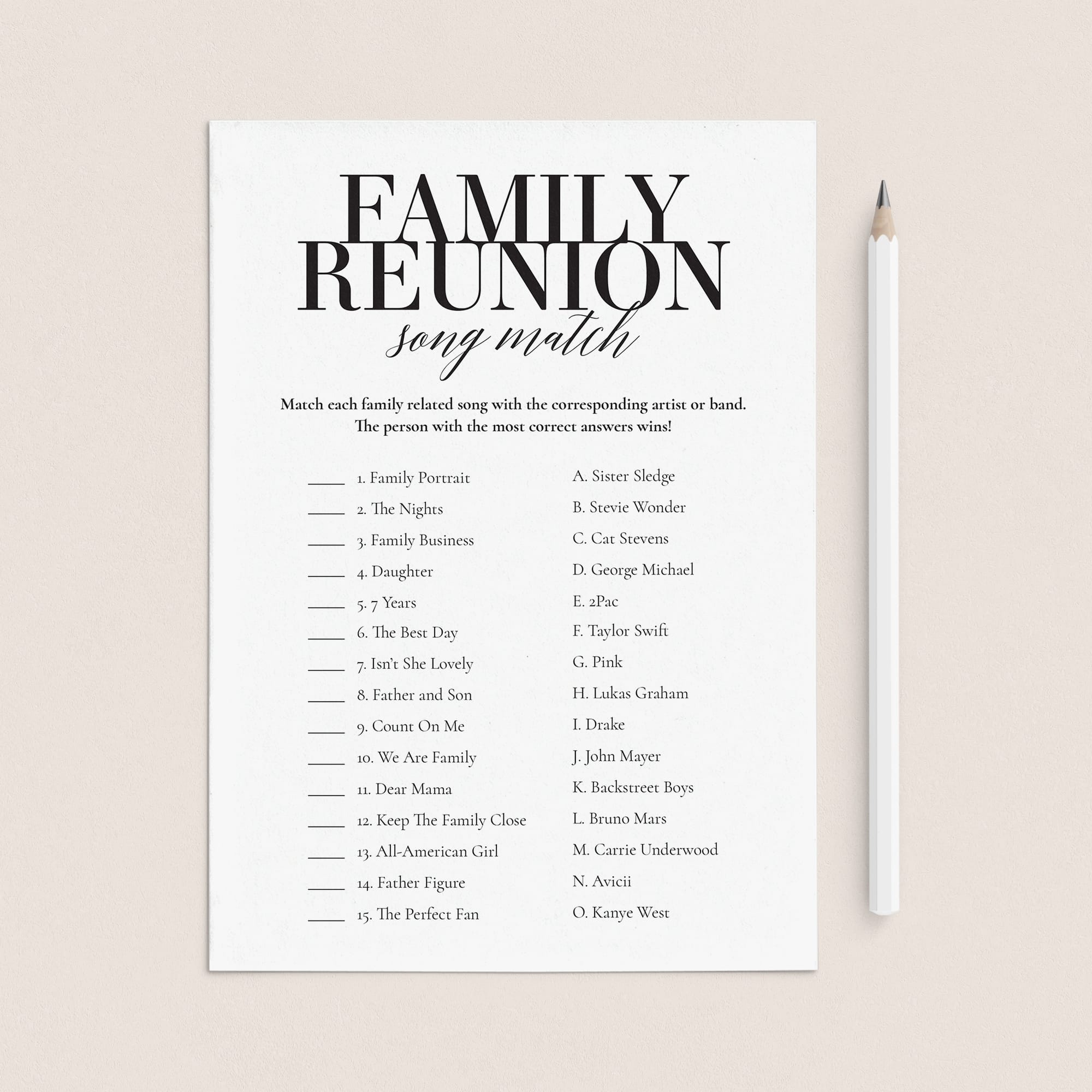 Family Reunion Song Match With Answer Key Printable by LittleSizzle