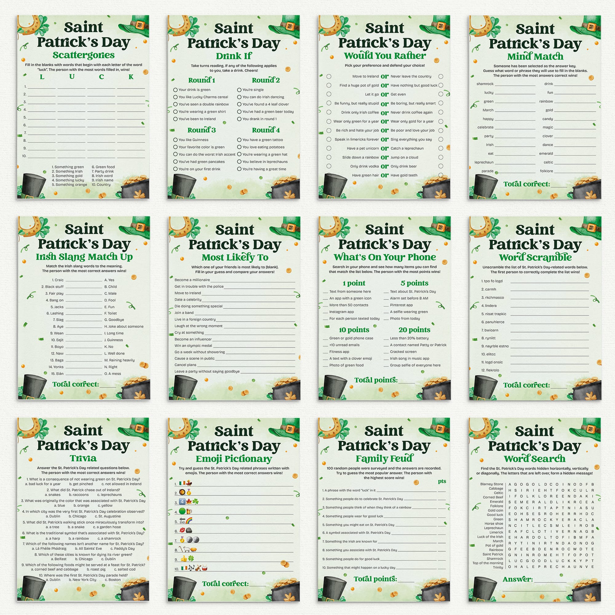 St Patricks Day Party Printable Game Bundle for Adults by LittleSizzle