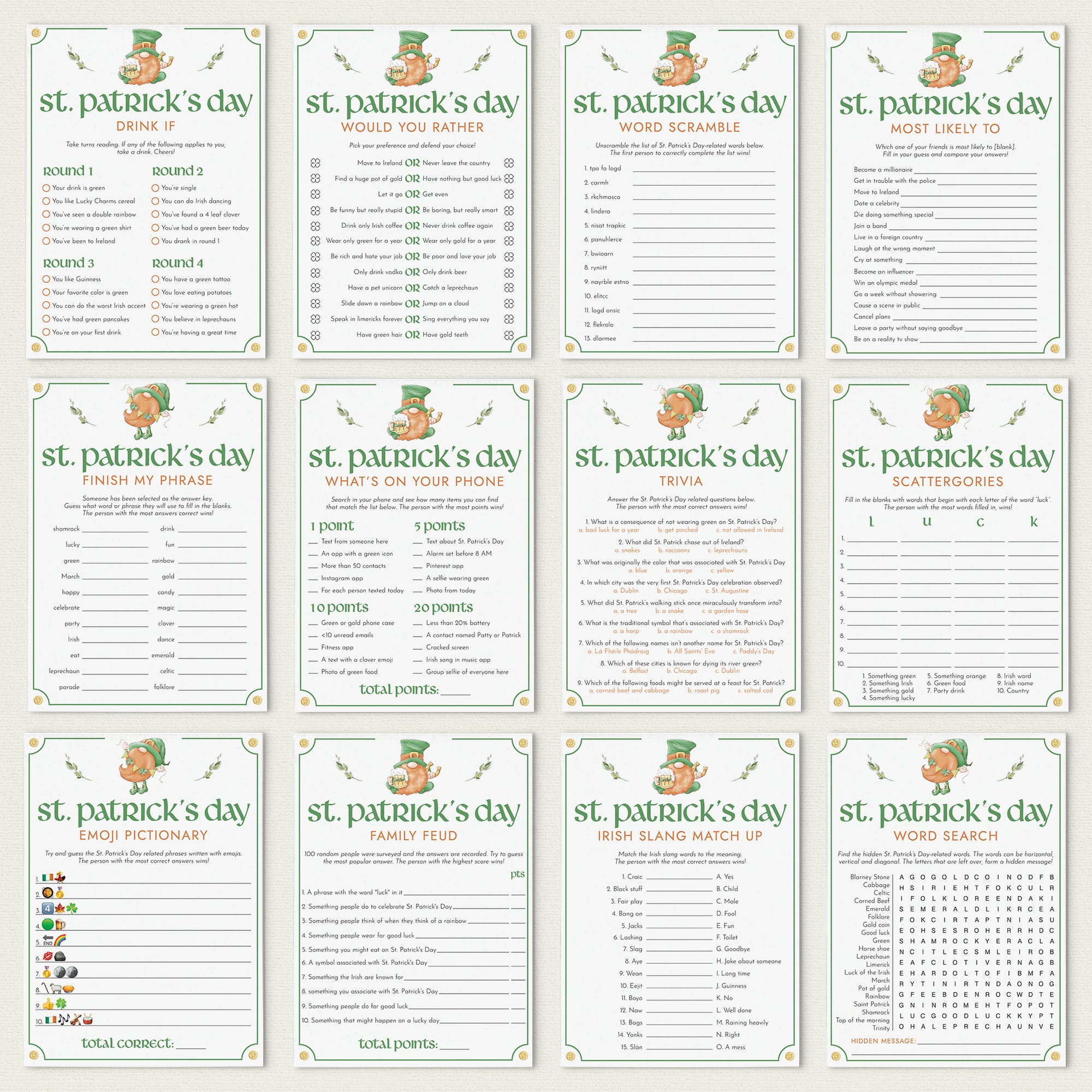 Printable St Patricks Day Game Bundle for Kids & Adults by LittleSizzle
