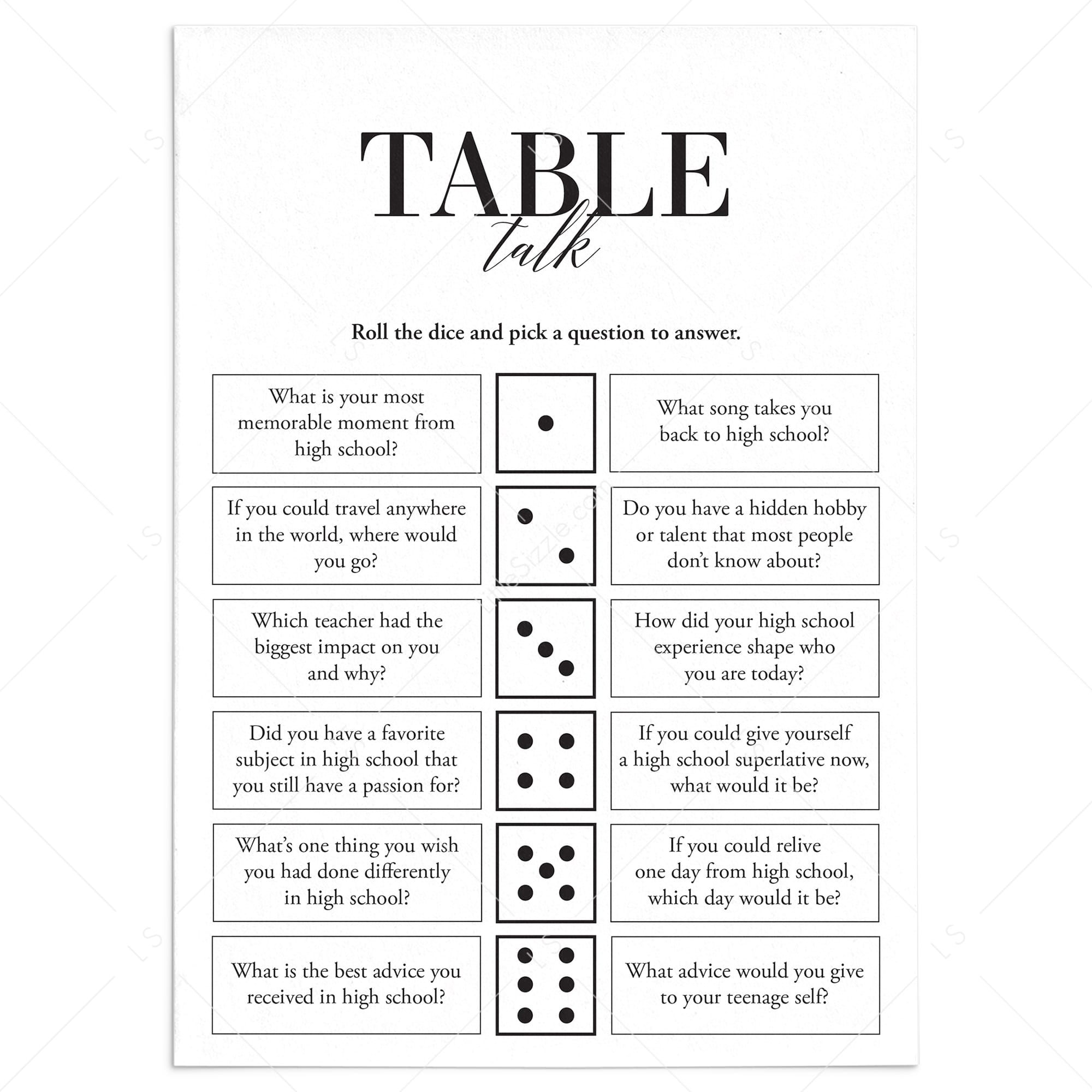 Class Reunion Icebreaker Questions Table Talk Dice Game Printable by LittleSizzle