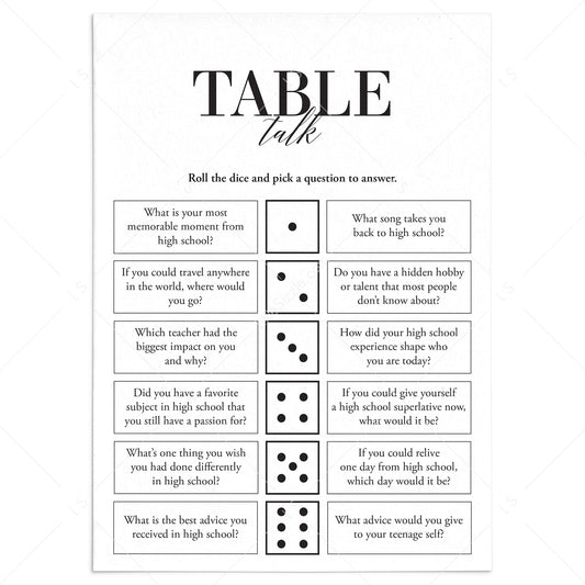Class Reunion Icebreaker Questions Table Talk Dice Game Printable by LittleSizzle