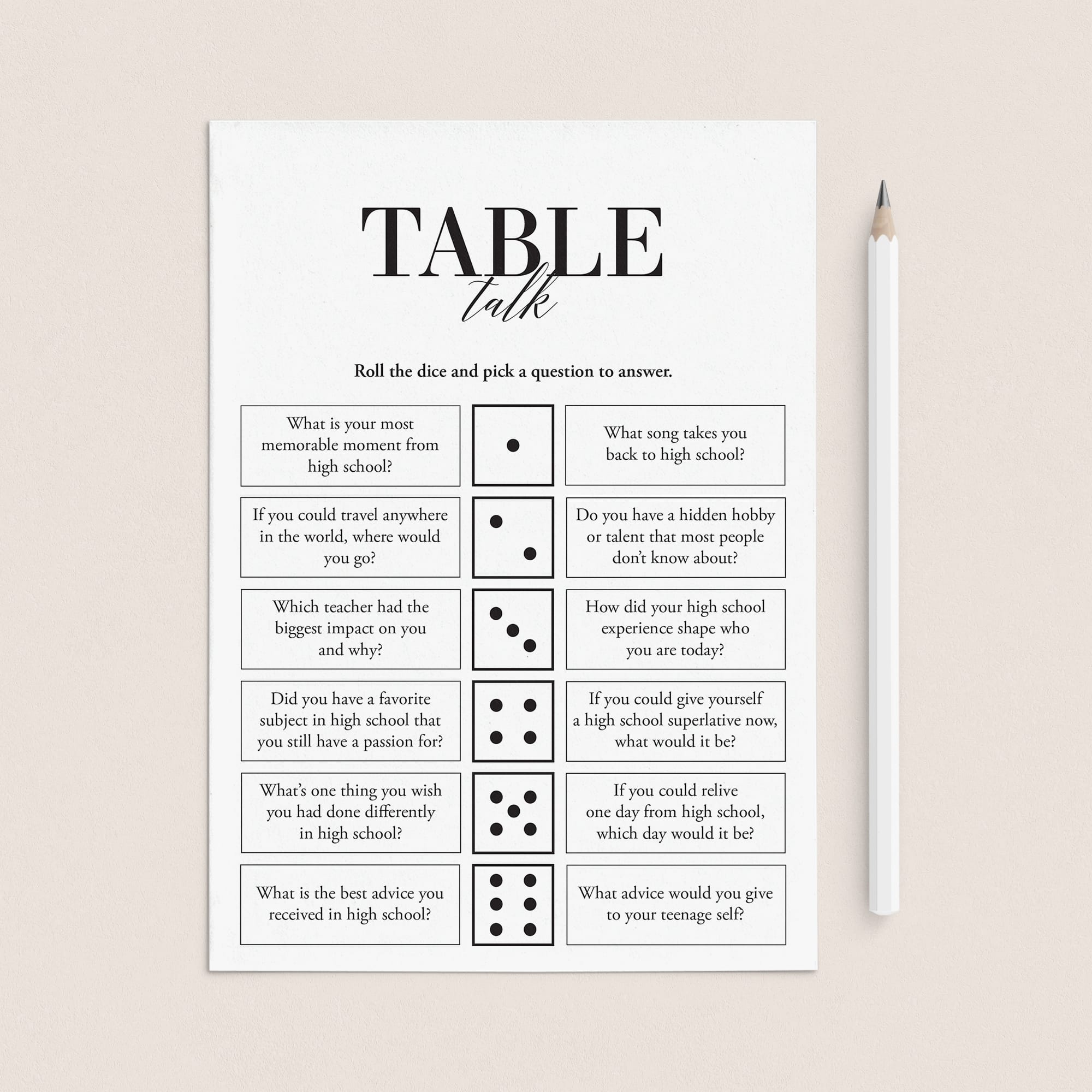 Class Reunion Icebreaker Questions Table Talk Dice Game Printable by LittleSizzle