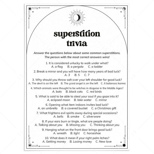 Superstitions Trivia Quiz Questions and Answers Printable by LittleSizzle
