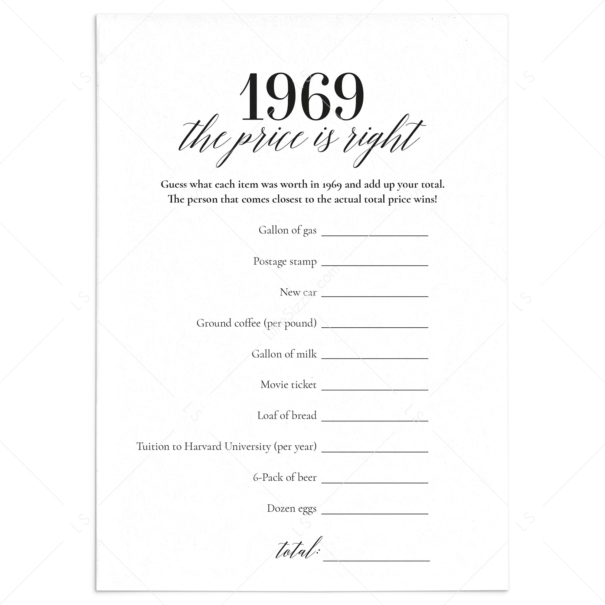 1969 The Price Is Right Game with Answers Printable by LittleSizzle