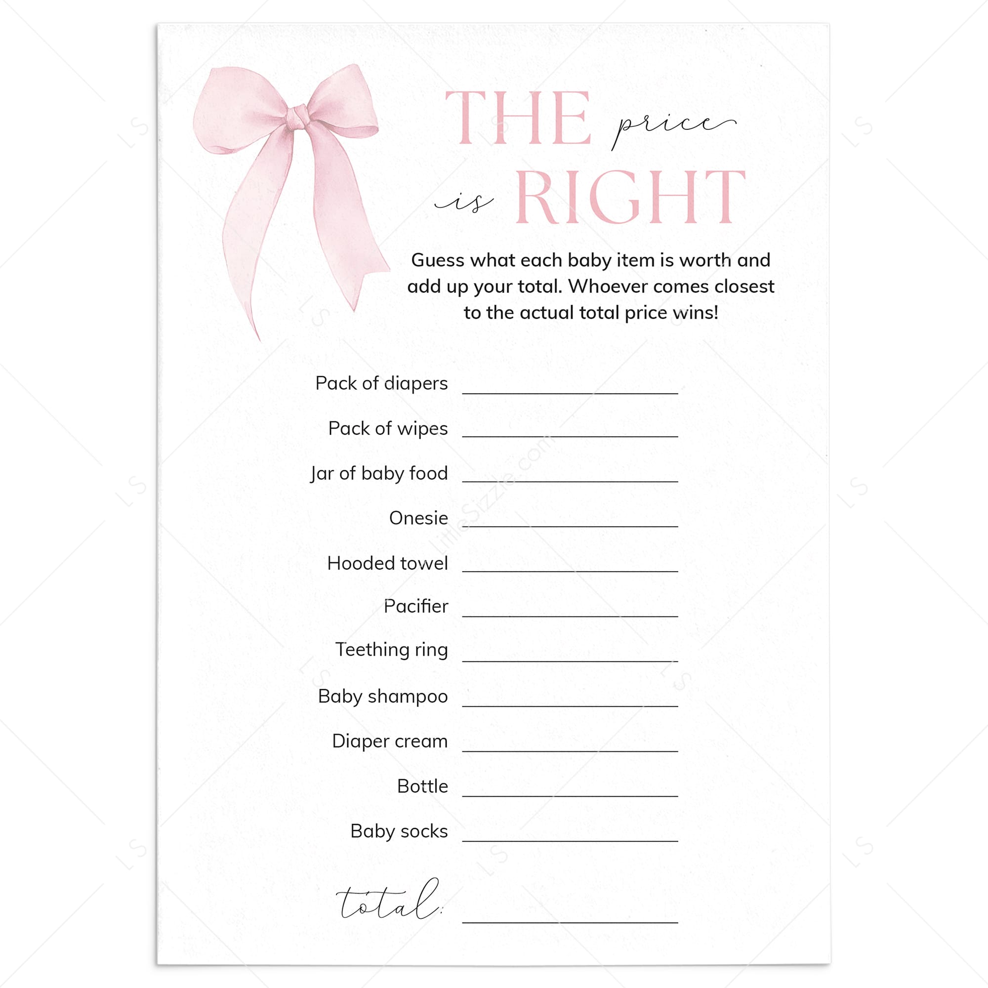 The Price Is Right Pink Bow Baby Shower Game Printable by LittleSizzle