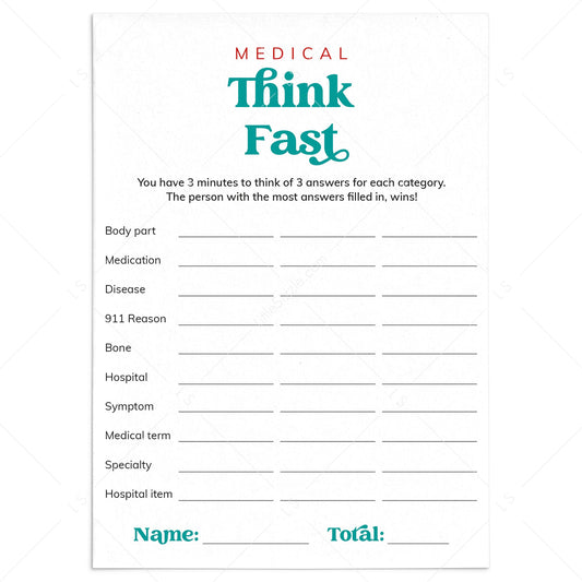 Nurse Game Think Fast Printable by LittleSizzle