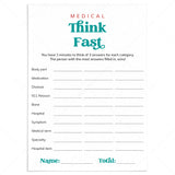 Nurse Game Think Fast Printable by LittleSizzle
