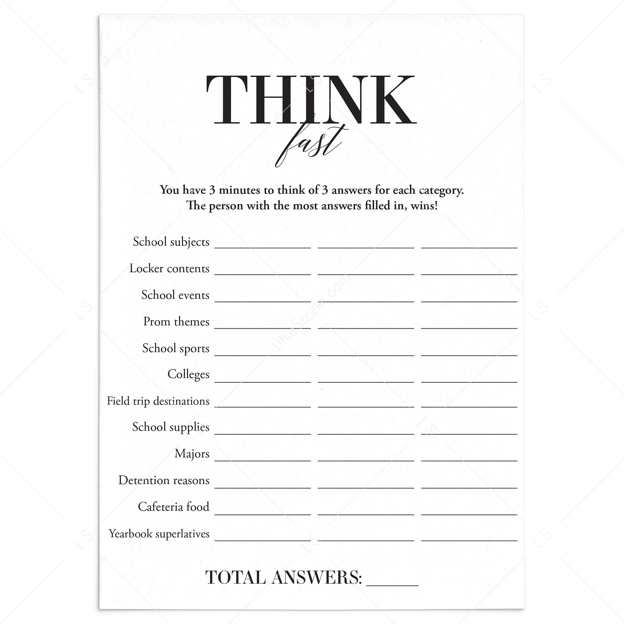 Class Reunion Game Think Fast Printable by LittleSizzle