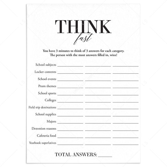 Class Reunion Game Think Fast Printable by LittleSizzle