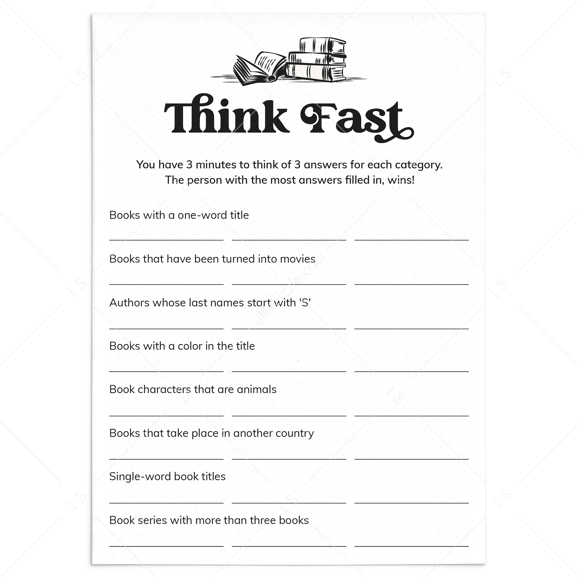 Printable Book Club Game Think Fast Digital Download by LittleSizzle