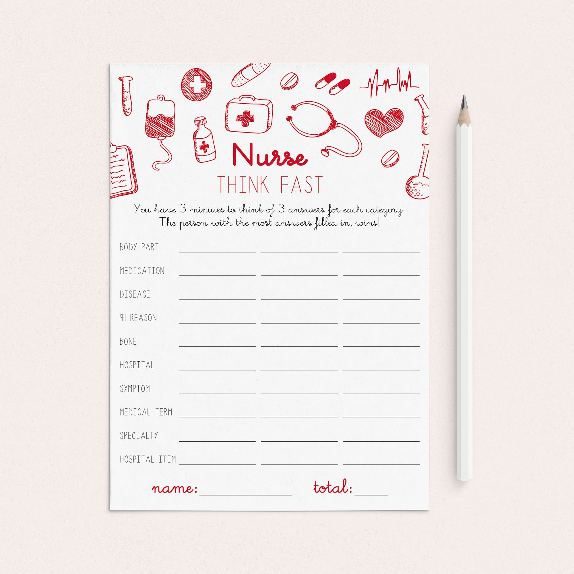 Printable Nurse Party Game Think Fast by LittleSizzle