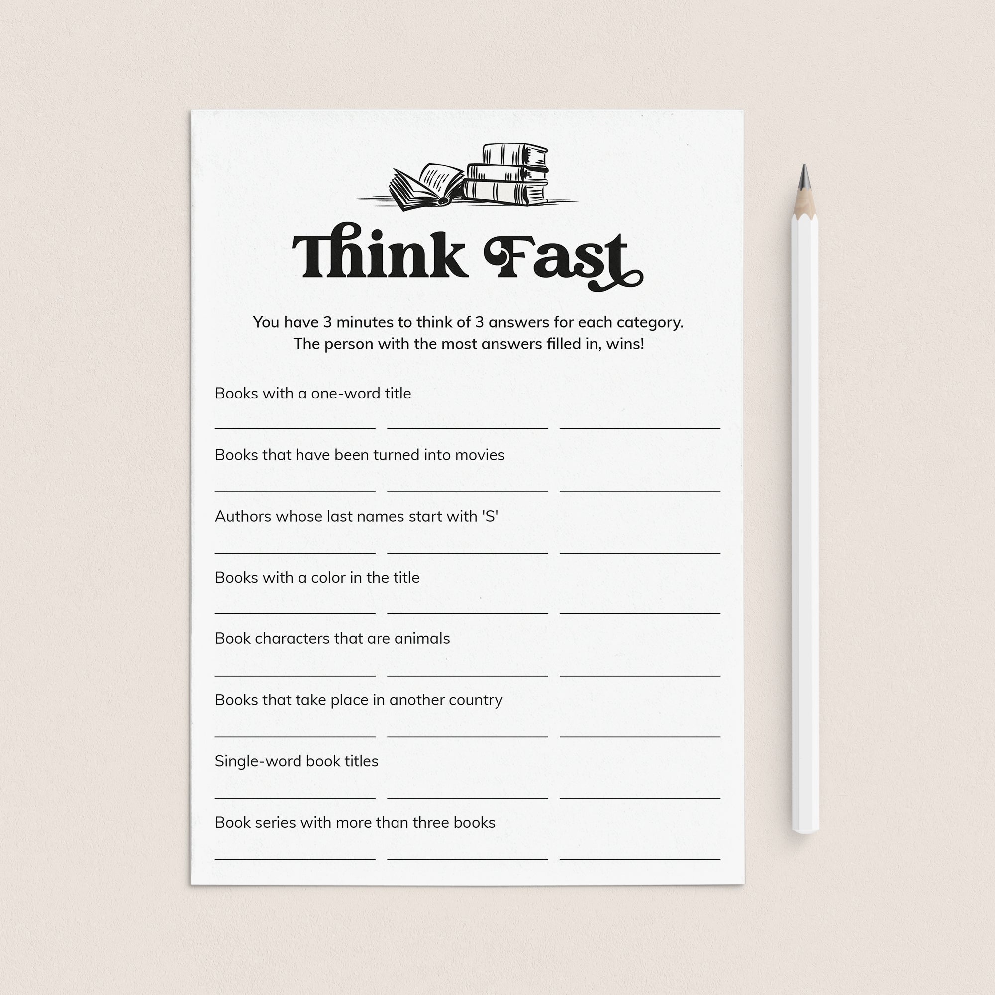 Printable Book Club Game Think Fast Digital Download by LittleSizzle