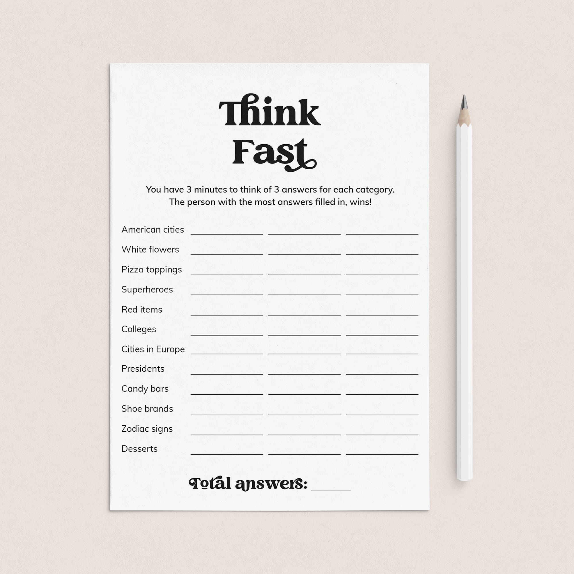 Think Fast Printable Game Icebreaker by LittleSizzle