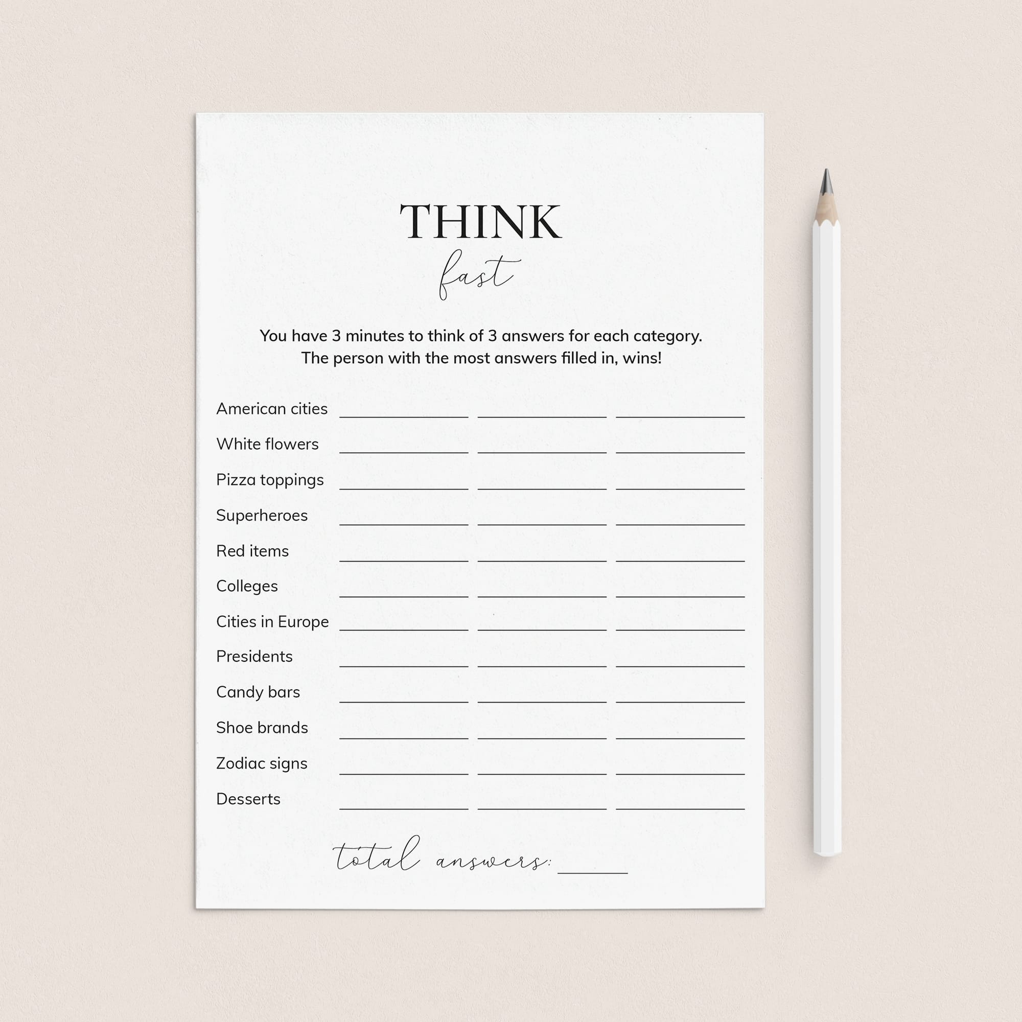 Printable Icebreaker Game Think Fast Instant Download by LittleSizzle