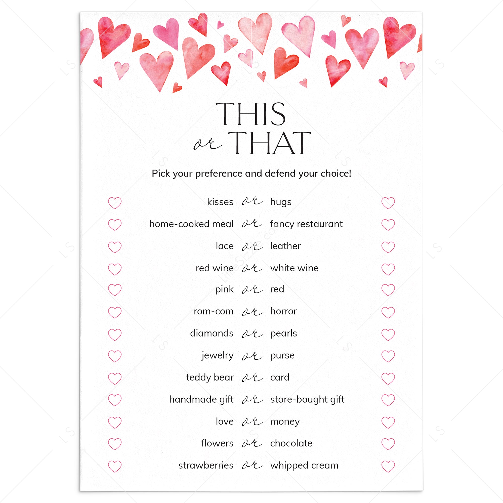 Printable Valentine's Day This or That Game with Watercolor Hearts by LittleSizzle