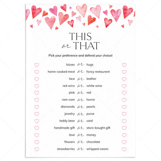Printable Valentine's Day This or That Game with Watercolor Hearts by LittleSizzle