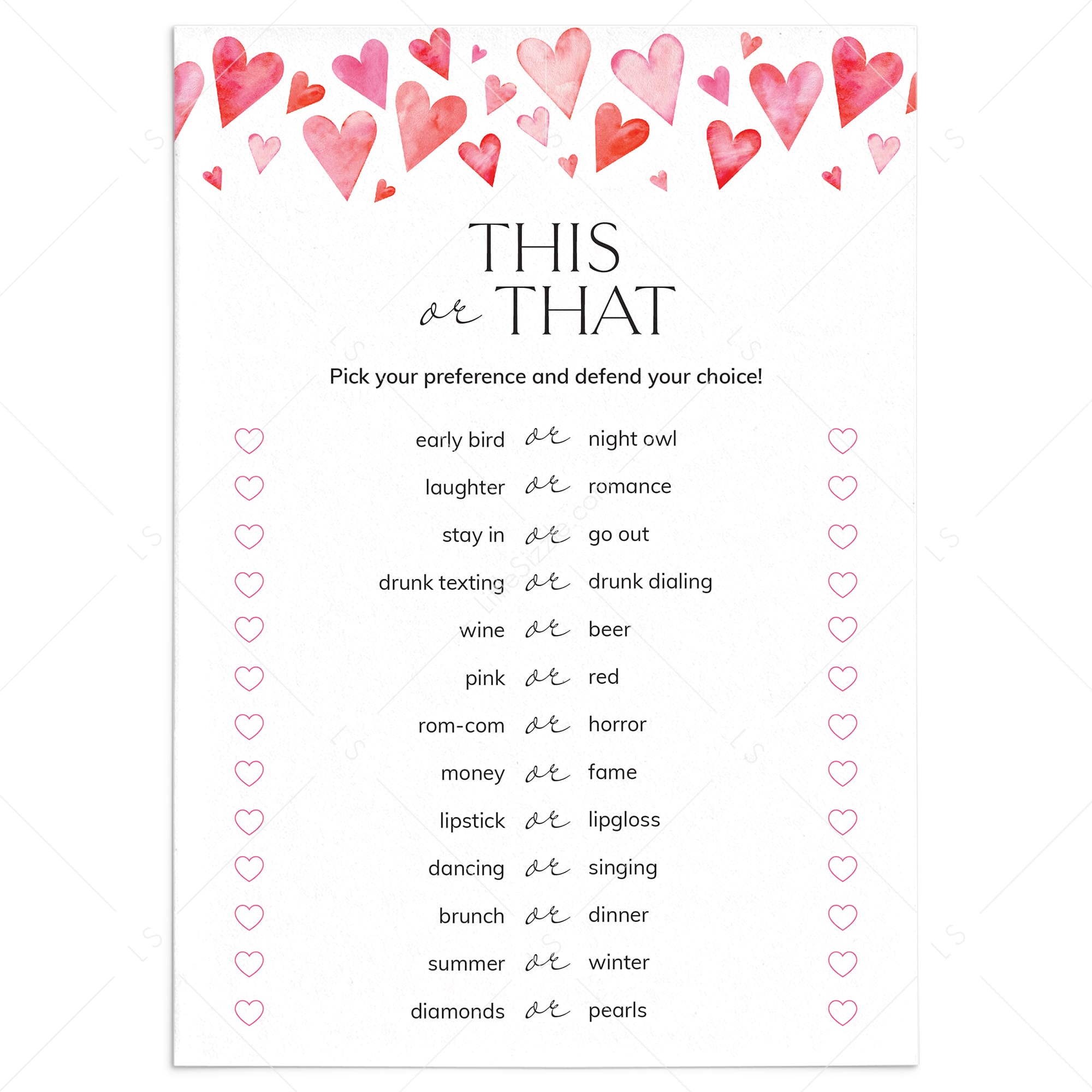 Easy Galentines Game This or That Printable PDF by LittleSizzle