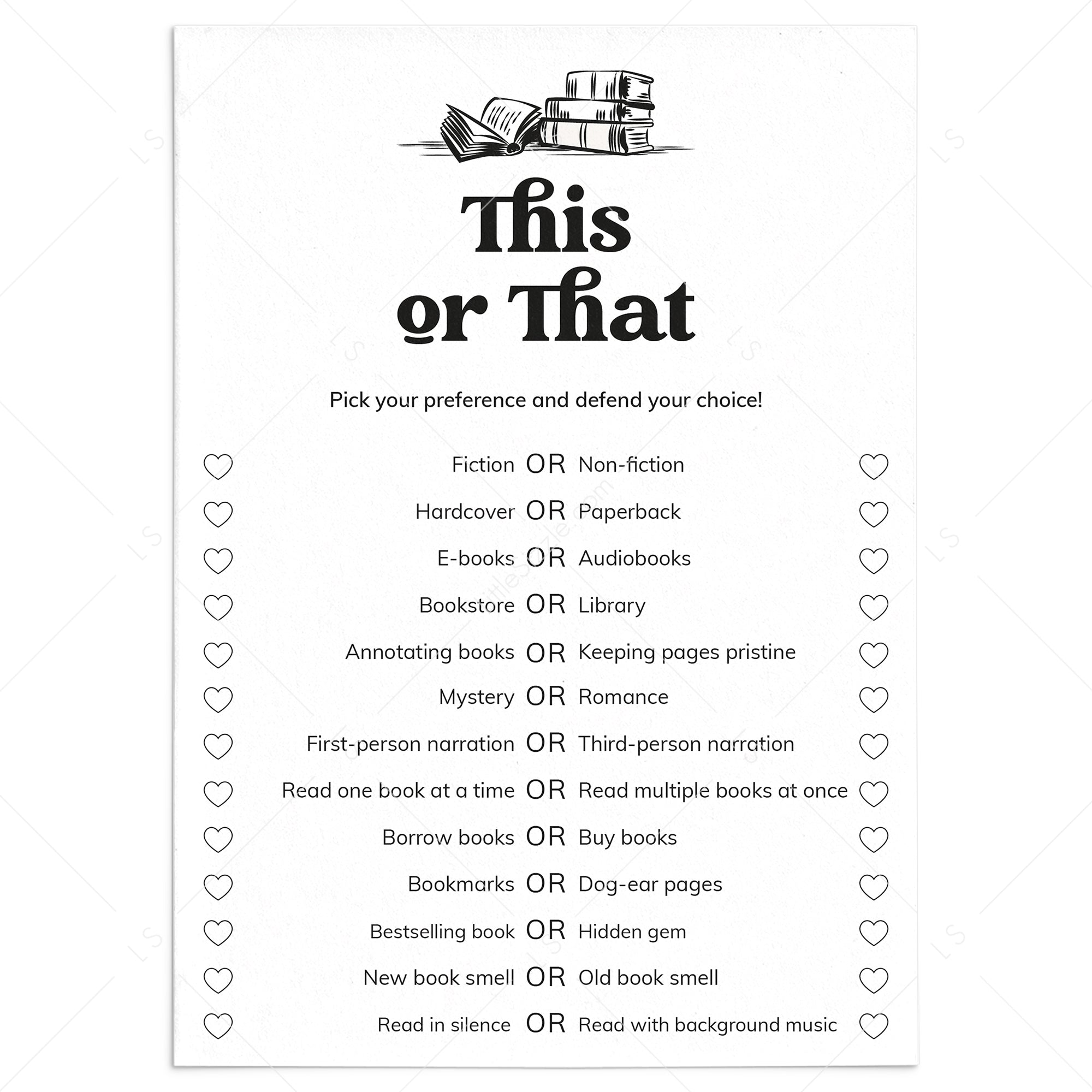 Book Club Ice Breaker Game This or That Printable by LittleSizzle