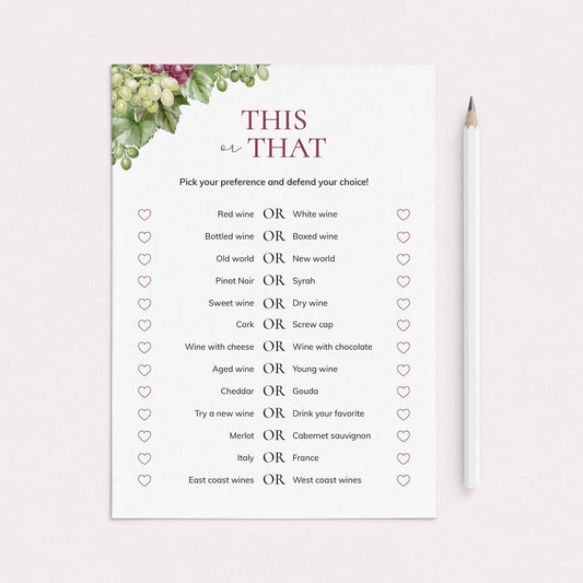 Printable This or That Questions for Wine Party by LittleSizzle